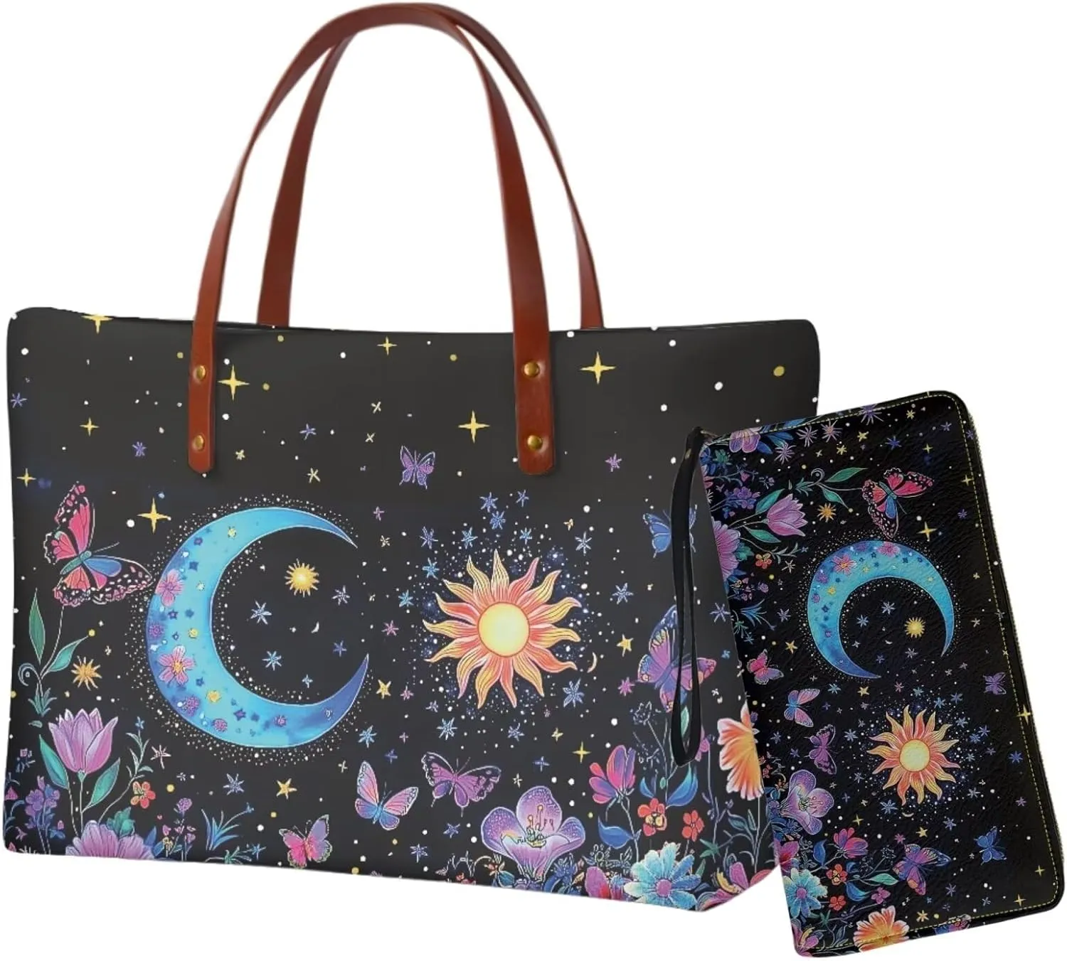 2 Pcs Women Handbag Set Tote Bag Large Shoulder Bag Top Handle Purse PU Wallet Set for Work Shopping Travel