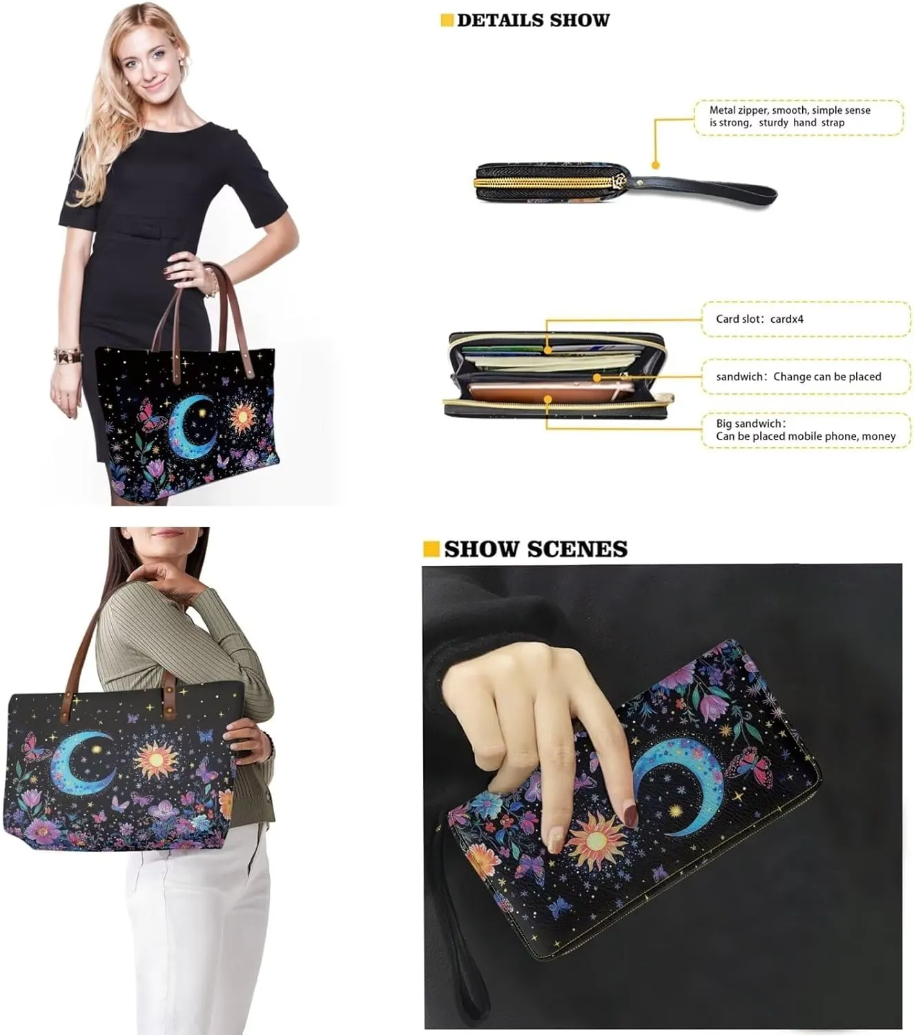 2 Pcs Women Handbag Set Tote Bag Large Shoulder Bag Top Handle Purse PU Wallet Set for Work Shopping Travel