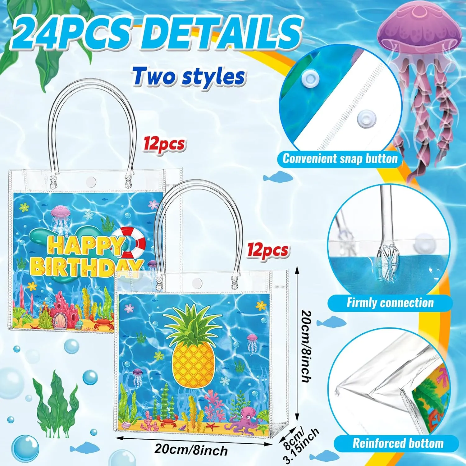 24 Pcs Ocean Pineapple Party Favor Bags PVC Gift Bags with Handles Blue and Yellow Candy Treat Tote Gift for Birthday Party Supplies