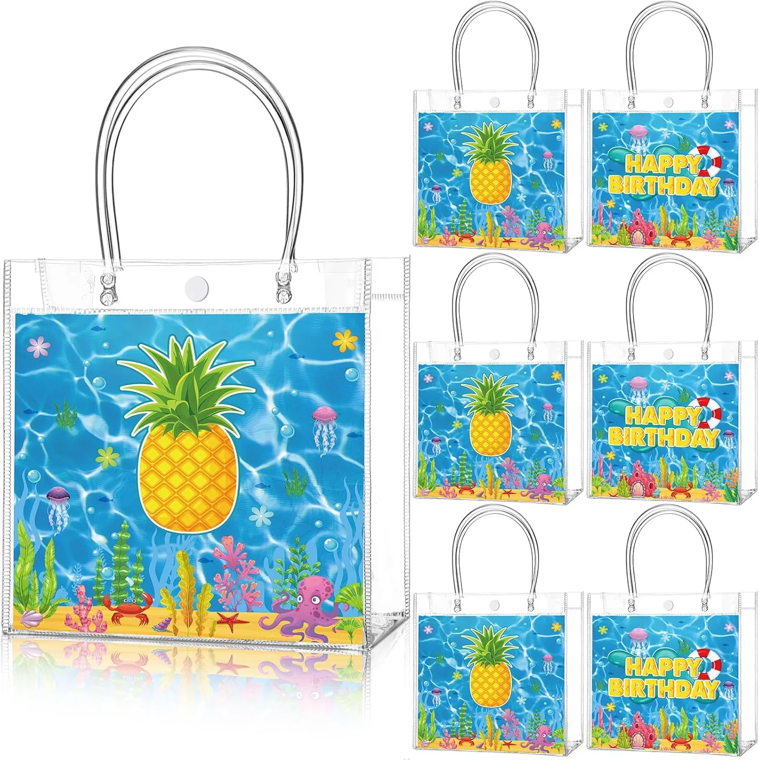 24 Pcs Ocean Pineapple Party Favor Bags PVC Gift Bags with Handles Blue and Yellow Candy Treat Tote Gift for Birthday Party Supplies
