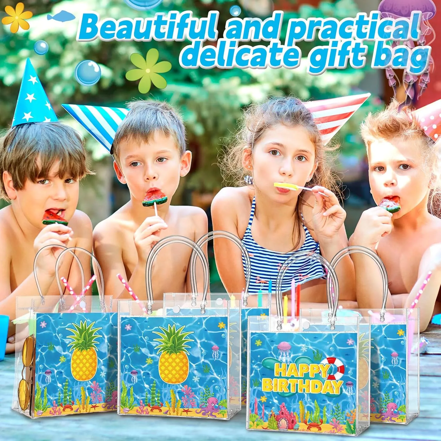 24 Pcs Ocean Pineapple Party Favor Bags PVC Gift Bags with Handles Blue and Yellow Candy Treat Tote Gift for Birthday Party Supplies