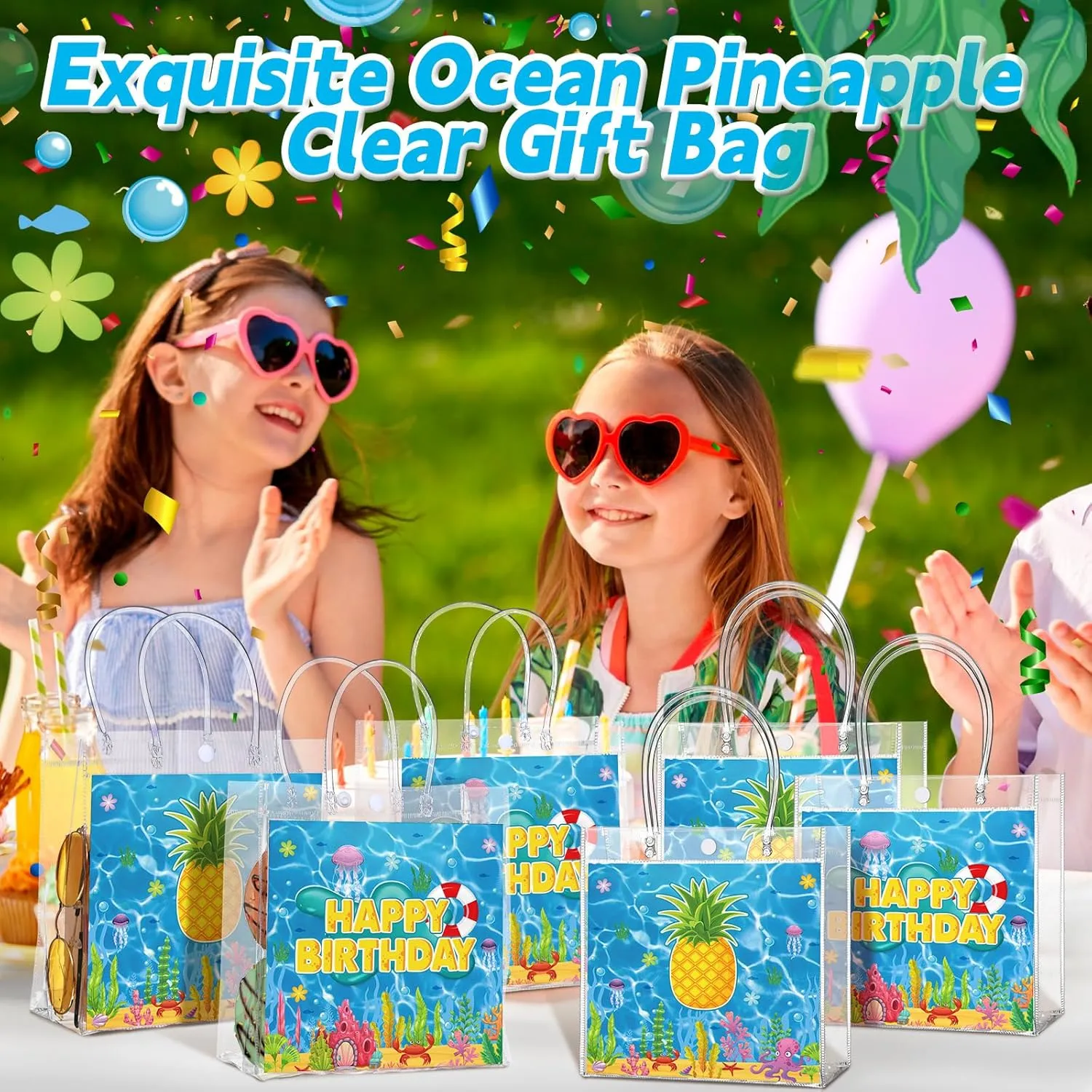 24 Pcs Ocean Pineapple Party Favor Bags PVC Gift Bags with Handles Blue and Yellow Candy Treat Tote Gift for Birthday Party Supplies