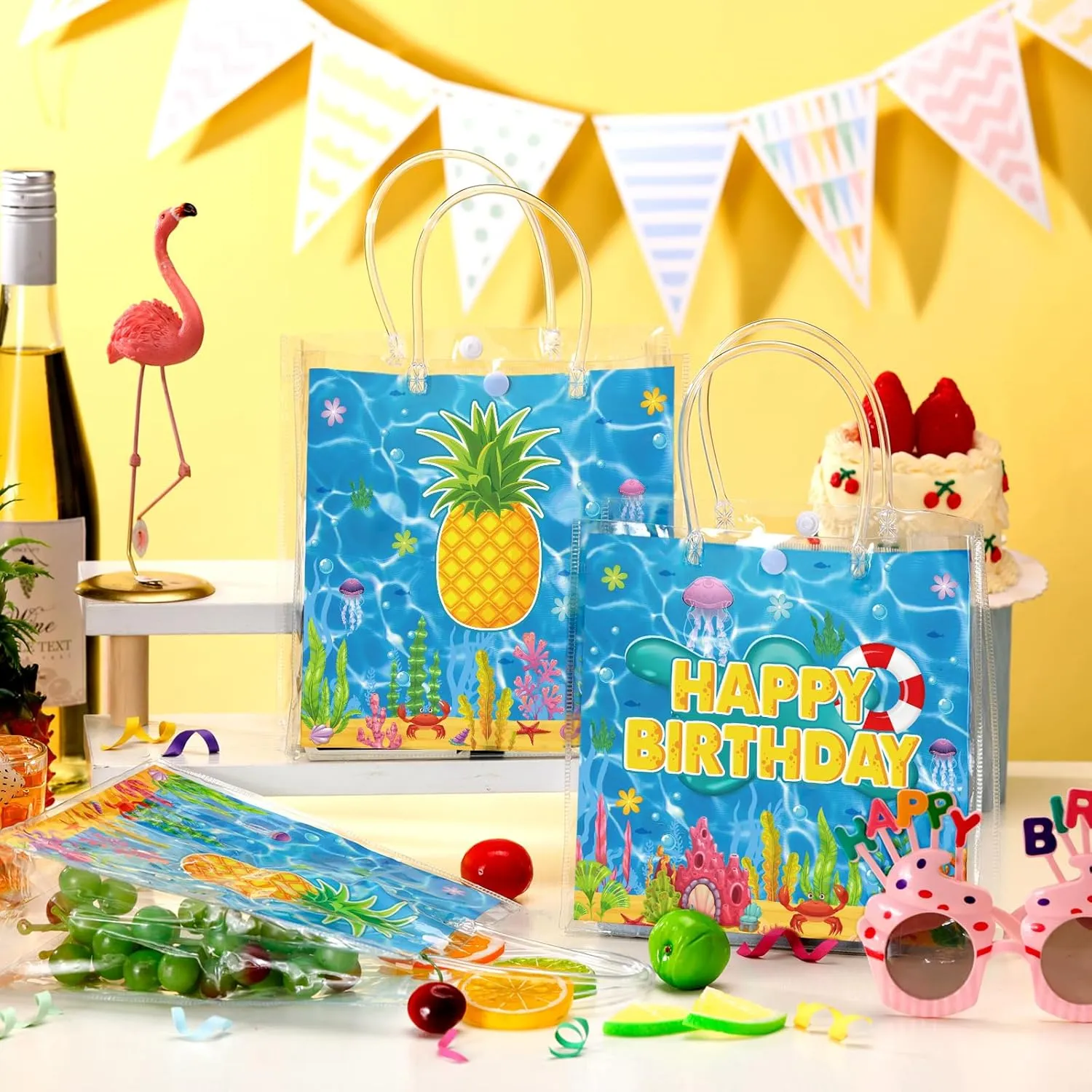 24 Pcs Ocean Pineapple Party Favor Bags PVC Gift Bags with Handles Blue and Yellow Candy Treat Tote Gift for Birthday Party Supplies