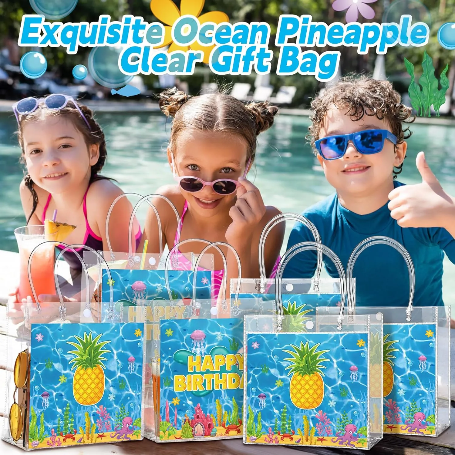 24 Pcs Ocean Pineapple Party Favor Bags PVC Gift Bags with Handles Blue and Yellow Candy Treat Tote Gift for Birthday Party Supplies