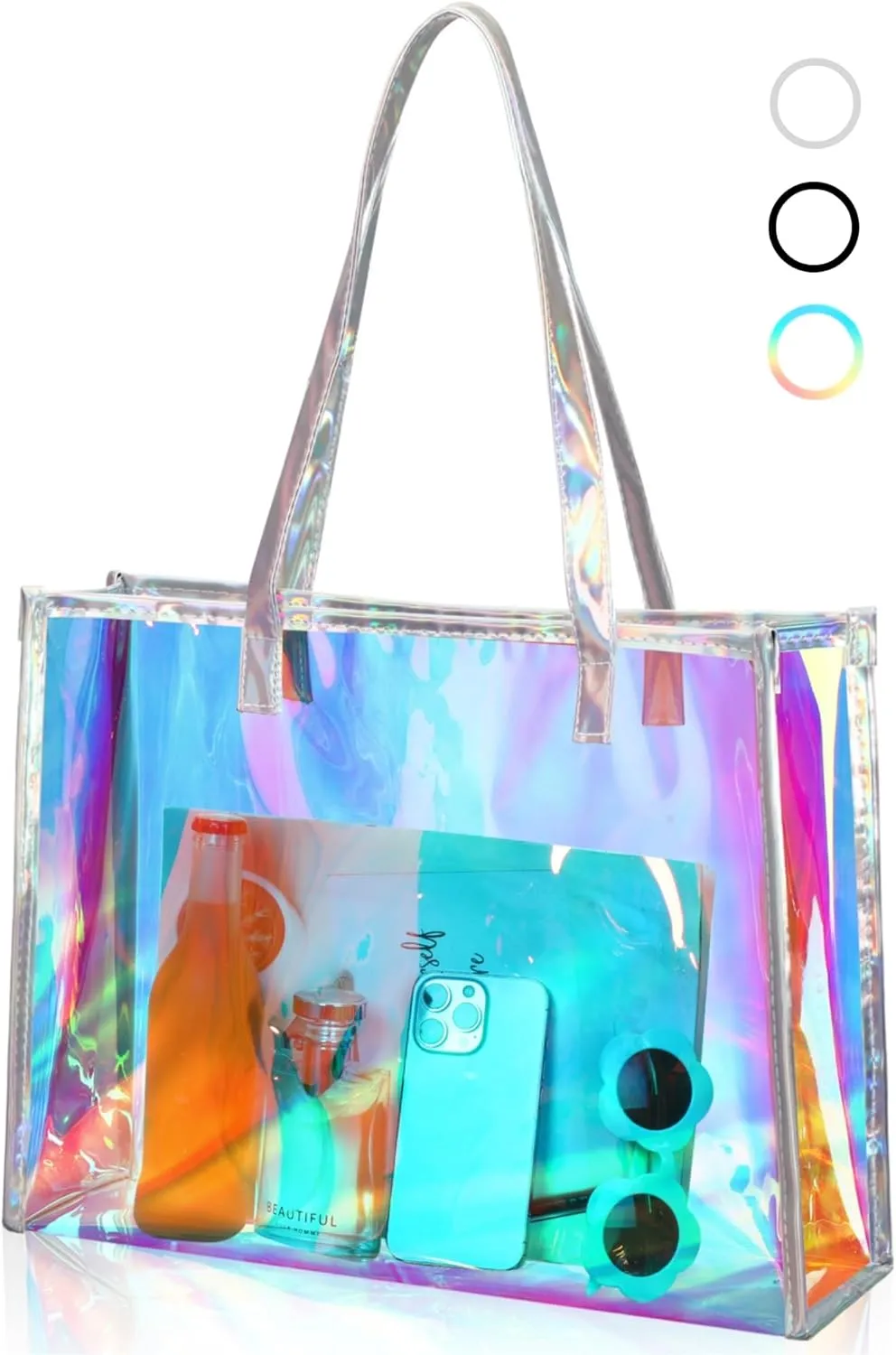 Aliceset Holographic Clear Tote Bag with Leather Handle Iridescent Bachelorette Beach Bag for Work Stadium Travel