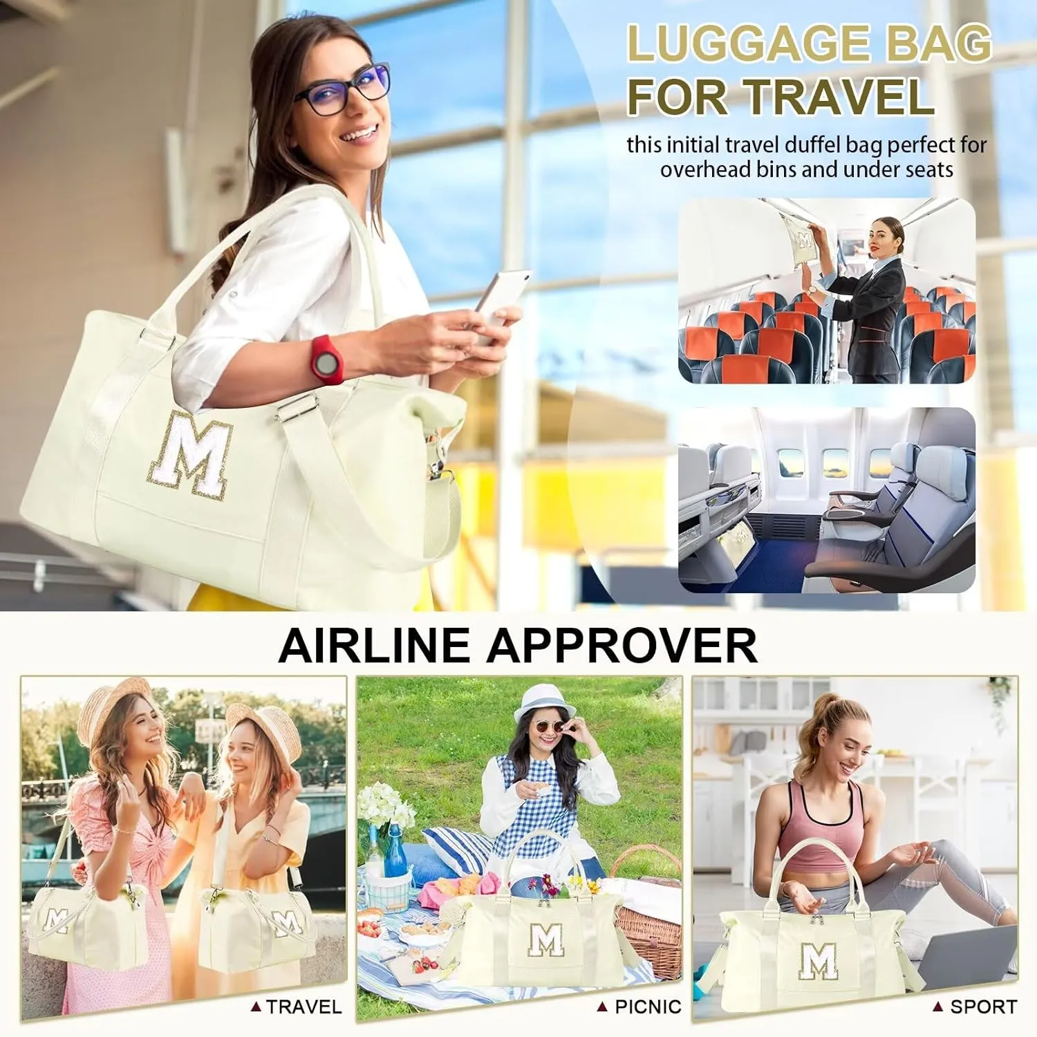 Birthday Gifts for Daughter,Initial Travel Duffel Bag for Teen Girls,Personalized Weekender Bag Cute Overnight Carry on Duffle Bags for Girl Women Gifts with Adjustable Strap(beige-M)