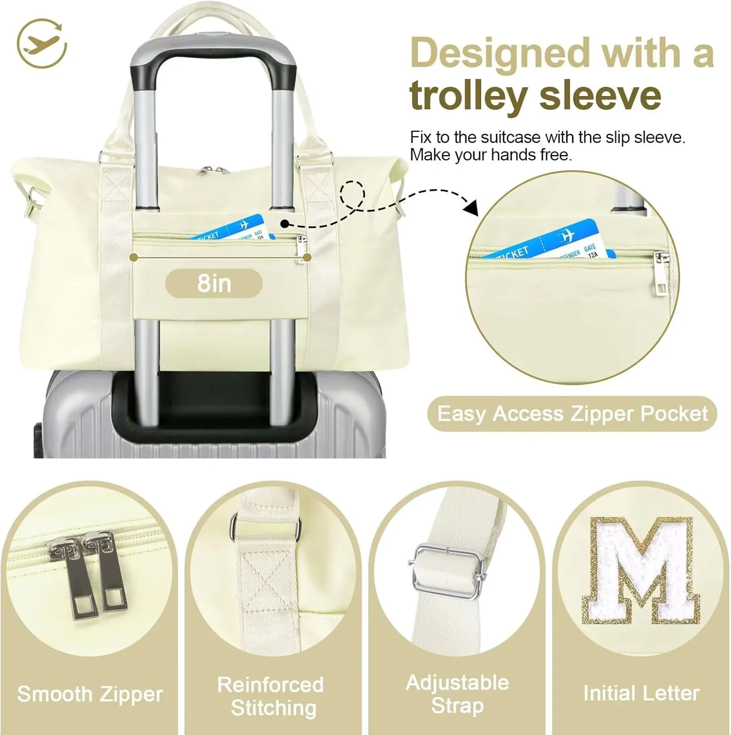 Birthday Gifts for Daughter,Initial Travel Duffel Bag for Teen Girls,Personalized Weekender Bag Cute Overnight Carry on Duffle Bags for Girl Women Gifts with Adjustable Strap(beige-M)
