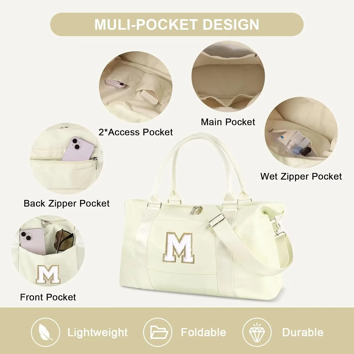 Birthday Gifts for Daughter,Initial Travel Duffel Bag for Teen Girls,Personalized Weekender Bag Cute Overnight Carry on Duffle Bags for Girl Women Gifts with Adjustable Strap(beige-M)