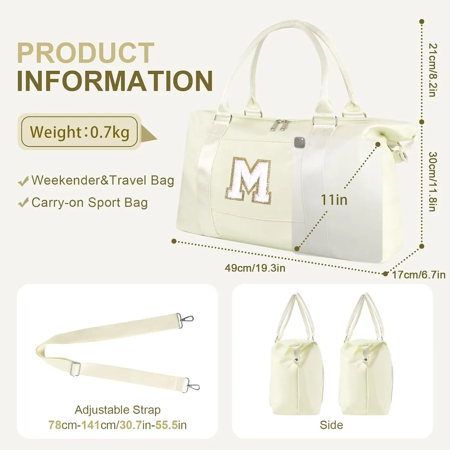 Birthday Gifts for Daughter,Initial Travel Duffel Bag for Teen Girls,Personalized Weekender Bag Cute Overnight Carry on Duffle Bags for Girl Women Gifts with Adjustable Strap(beige-M)