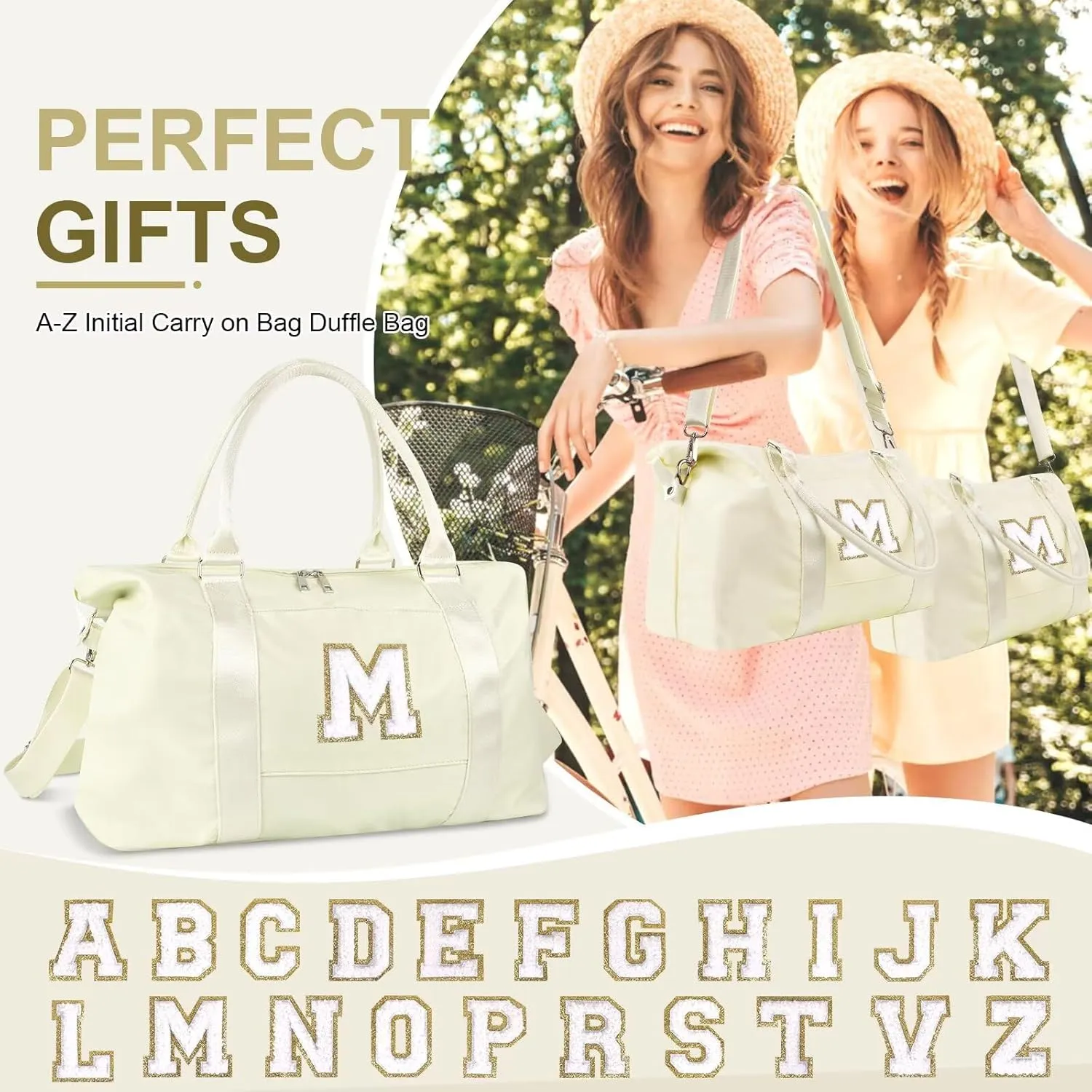 Birthday Gifts for Daughter,Initial Travel Duffel Bag for Teen Girls,Personalized Weekender Bag Cute Overnight Carry on Duffle Bags for Girl Women Gifts with Adjustable Strap(beige-M)