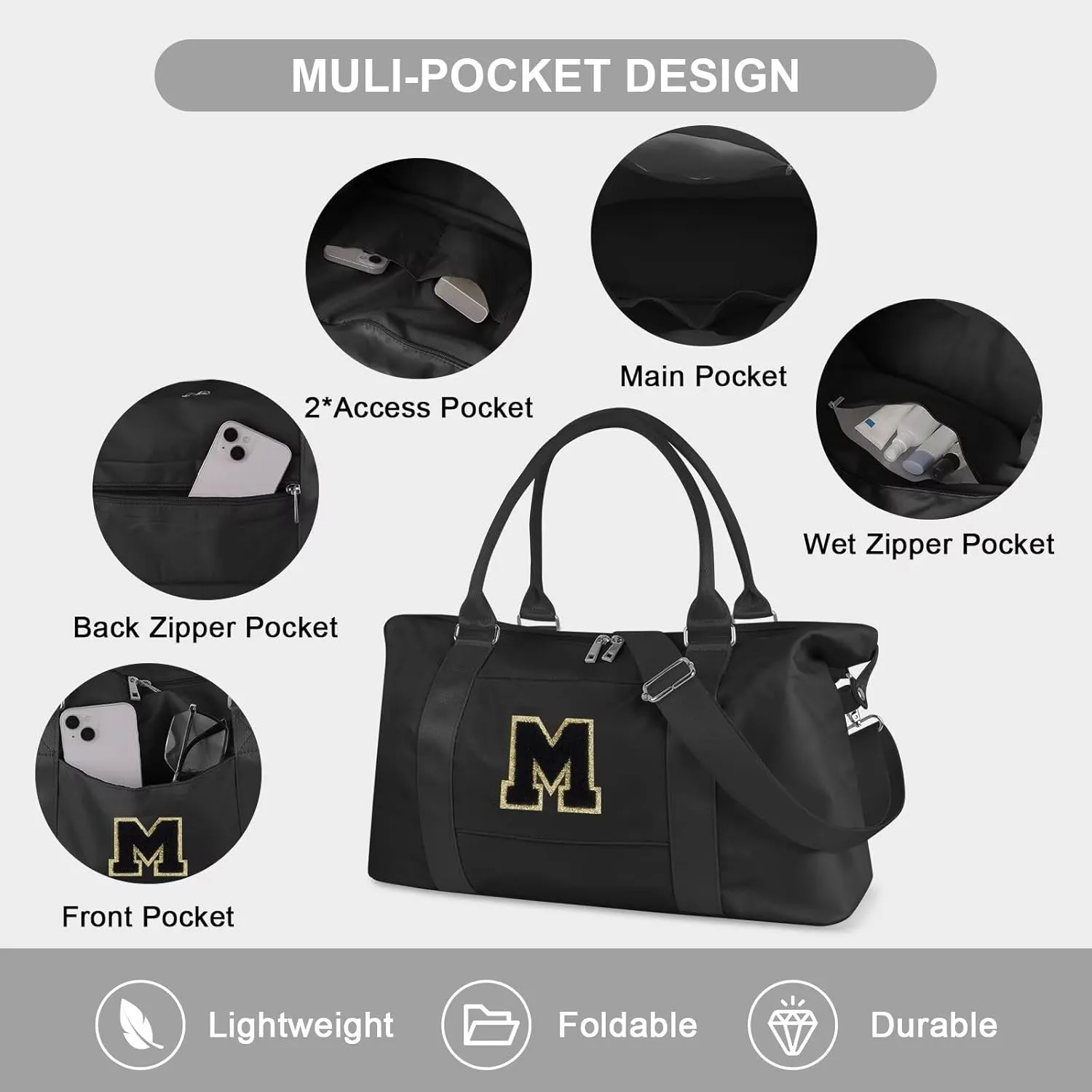 Birthday Gifts for Daughter,Initial Travel Duffel Bag for Teen Girls,Personalized Weekender Bag Cute Overnight Carry on Duffle Bags for Girl Women Gifts with Adjustable Strap(black-M)