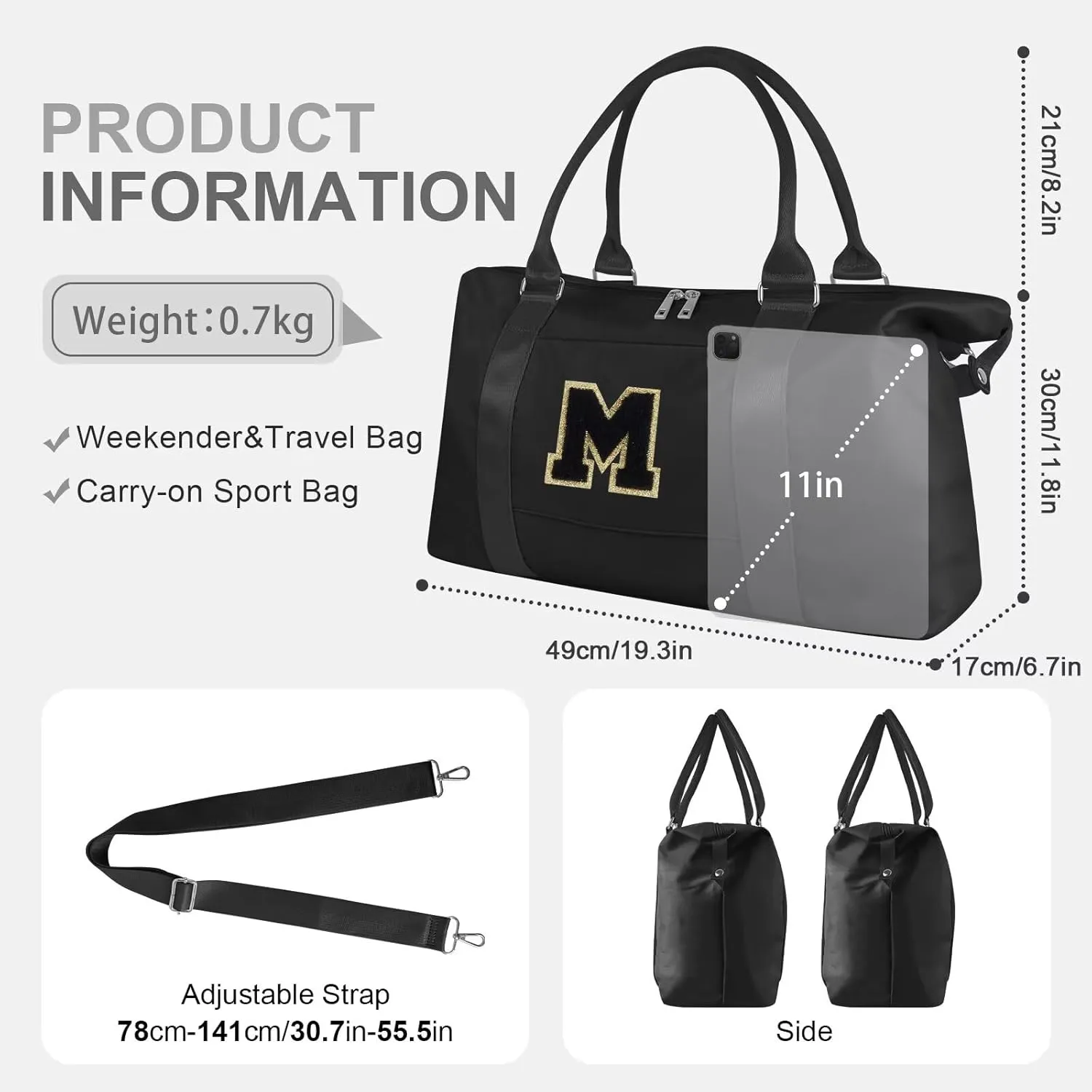 Birthday Gifts for Daughter,Initial Travel Duffel Bag for Teen Girls,Personalized Weekender Bag Cute Overnight Carry on Duffle Bags for Girl Women Gifts with Adjustable Strap(black-M)