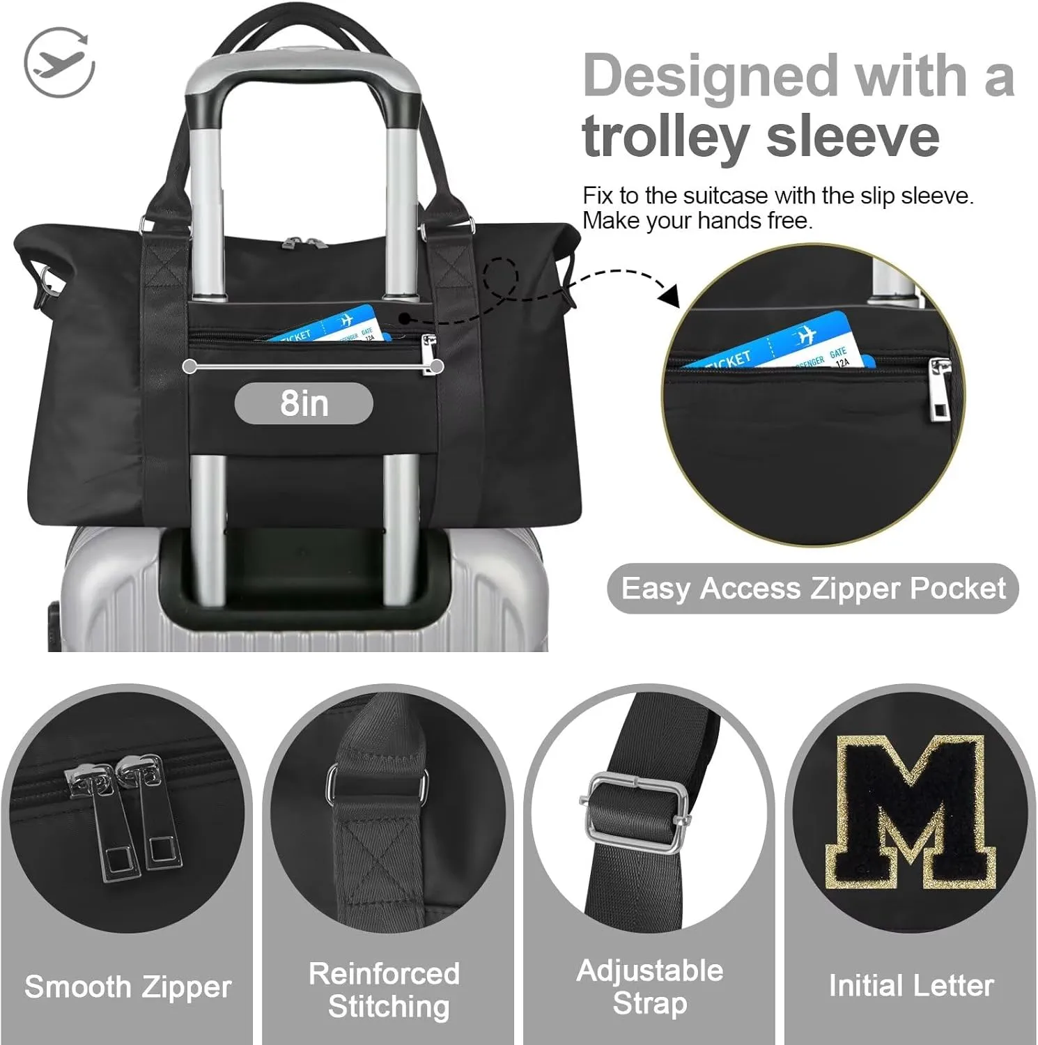 Birthday Gifts for Daughter,Initial Travel Duffel Bag for Teen Girls,Personalized Weekender Bag Cute Overnight Carry on Duffle Bags for Girl Women Gifts with Adjustable Strap(black-M)