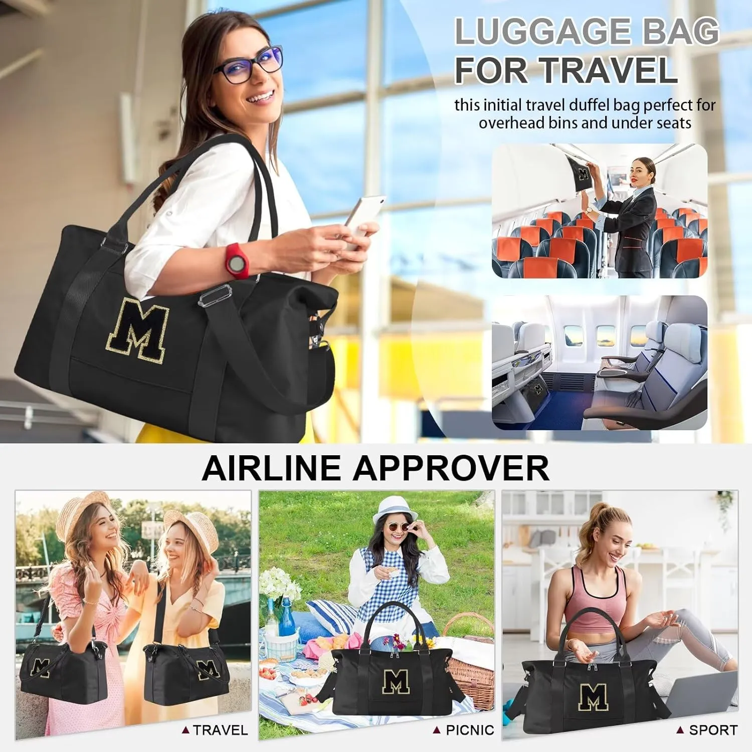 Birthday Gifts for Daughter,Initial Travel Duffel Bag for Teen Girls,Personalized Weekender Bag Cute Overnight Carry on Duffle Bags for Girl Women Gifts with Adjustable Strap(black-M)