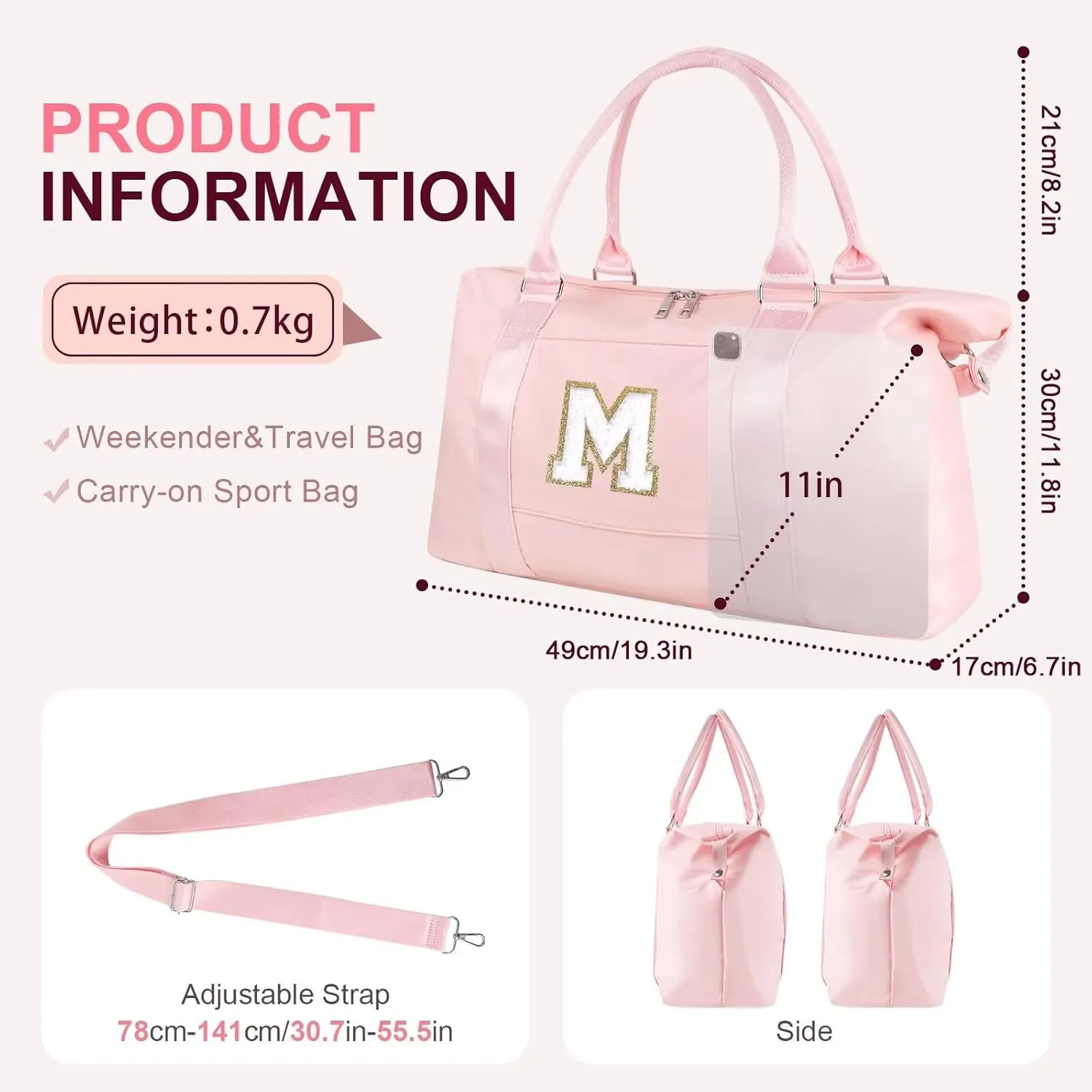 Birthday Gifts for Daughter,Initial Travel Duffel Bag for Teen Girls,Personalized Weekender Bag Cute Overnight Carry on Duffle Bags for Girl Women Gifts with Adjustable Strap(pink-M)