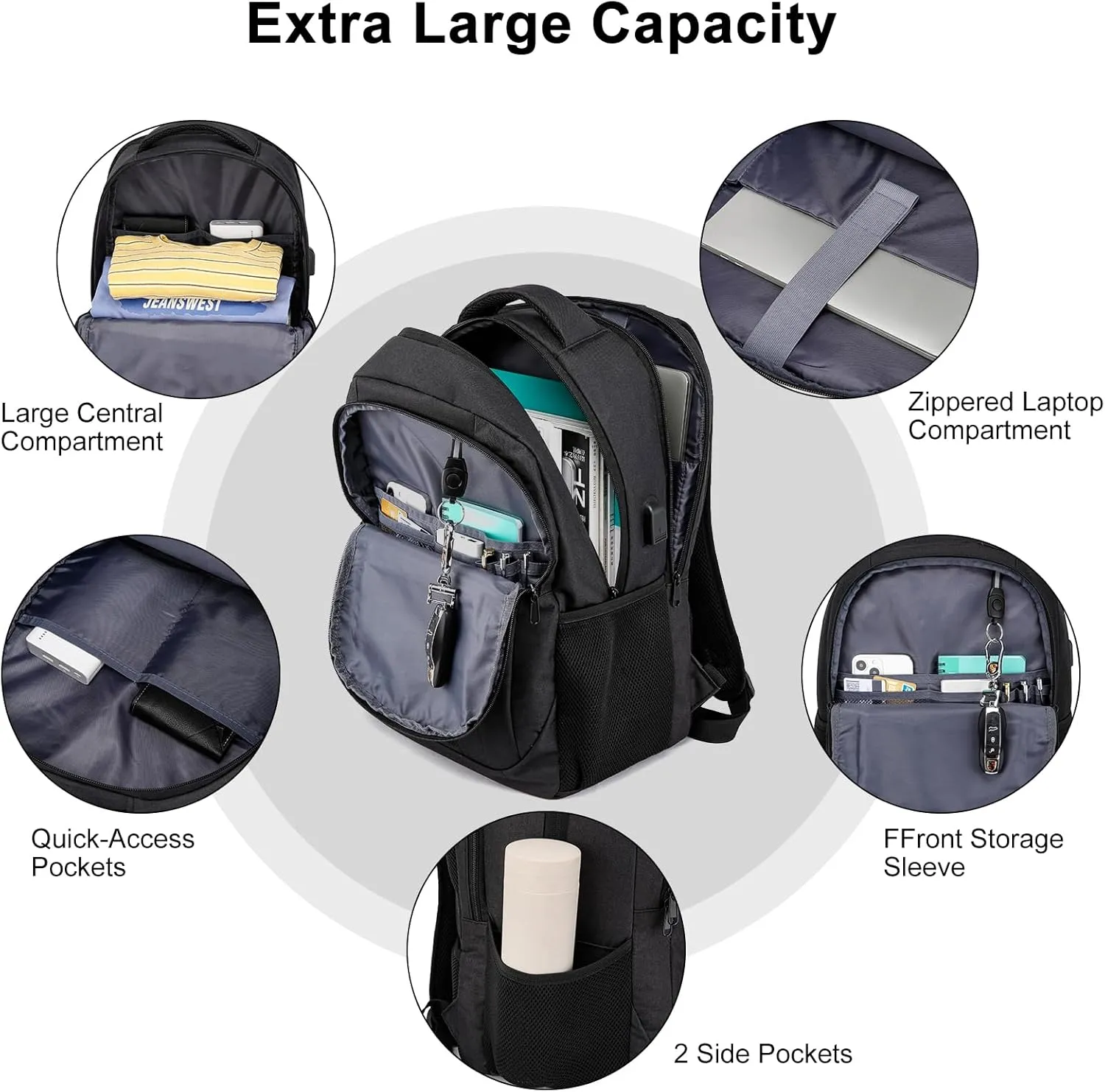 Black Backpack for School, School BackPack for Teens, Girls and Boys, with 15.6 inch Laptop Bookbag for College, Large Computer Back Pack with Compartments for Men & Women