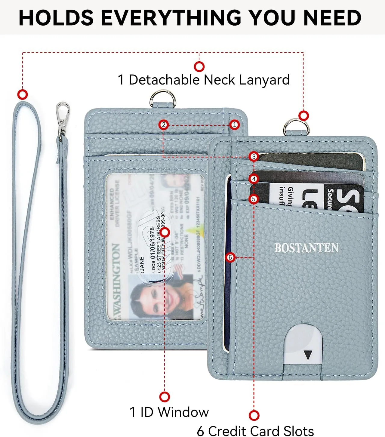 BOSTANTEN Slim Wallet Women with Leather Neck Lanyard RFID Blocking Credit Card Holder Front Pocket Small Wallet Blue
