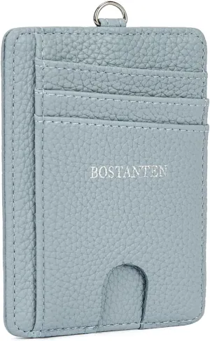 BOSTANTEN Slim Wallet Women with Leather Neck Lanyard RFID Blocking Credit Card Holder Front Pocket Small Wallet Blue