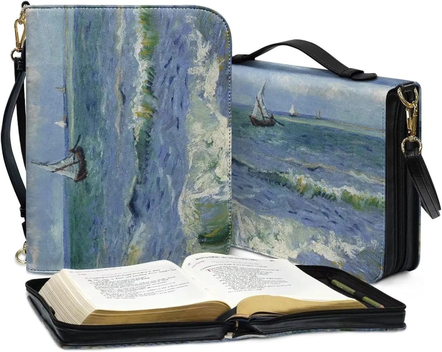 Claude Monet Bible Cover Bible Case for Women PU Bible Bag with Shoulder Strap Monet Oil Painting Design Book Cover