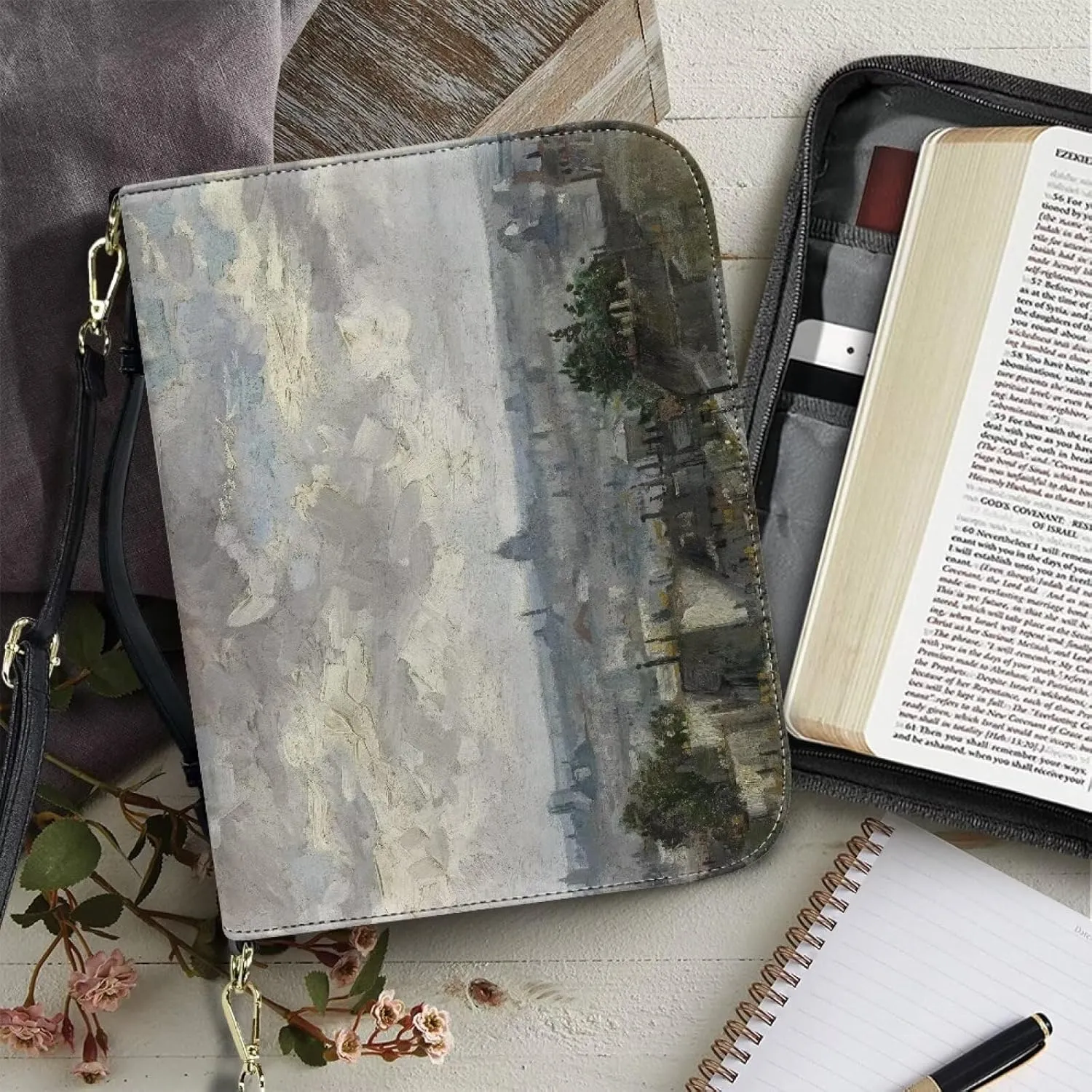 Claude Monet Bible Cover Bible Case for Women PU Bible Bag with Shoulder Strap Monet Oil Painting Design Book Cover
