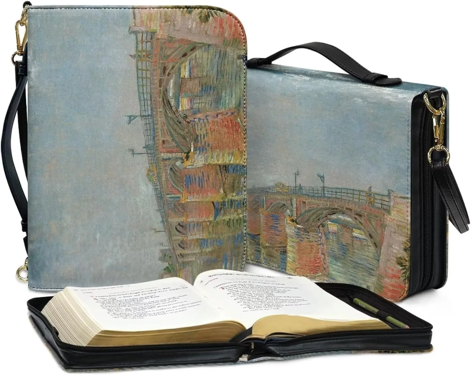 Claude Monet Bible Cover Bible Case for Women PU Bible Bag with Shoulder Strap Monet Oil Painting Design Book Cover