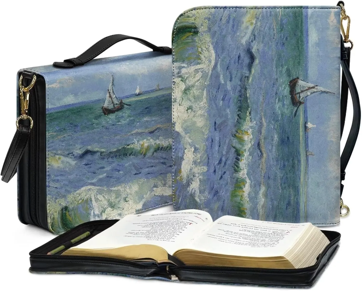 Claude Monet Bible Cover Bible Case for Women PU Bible Bag with Shoulder Strap Monet Oil Painting Design Book Cover