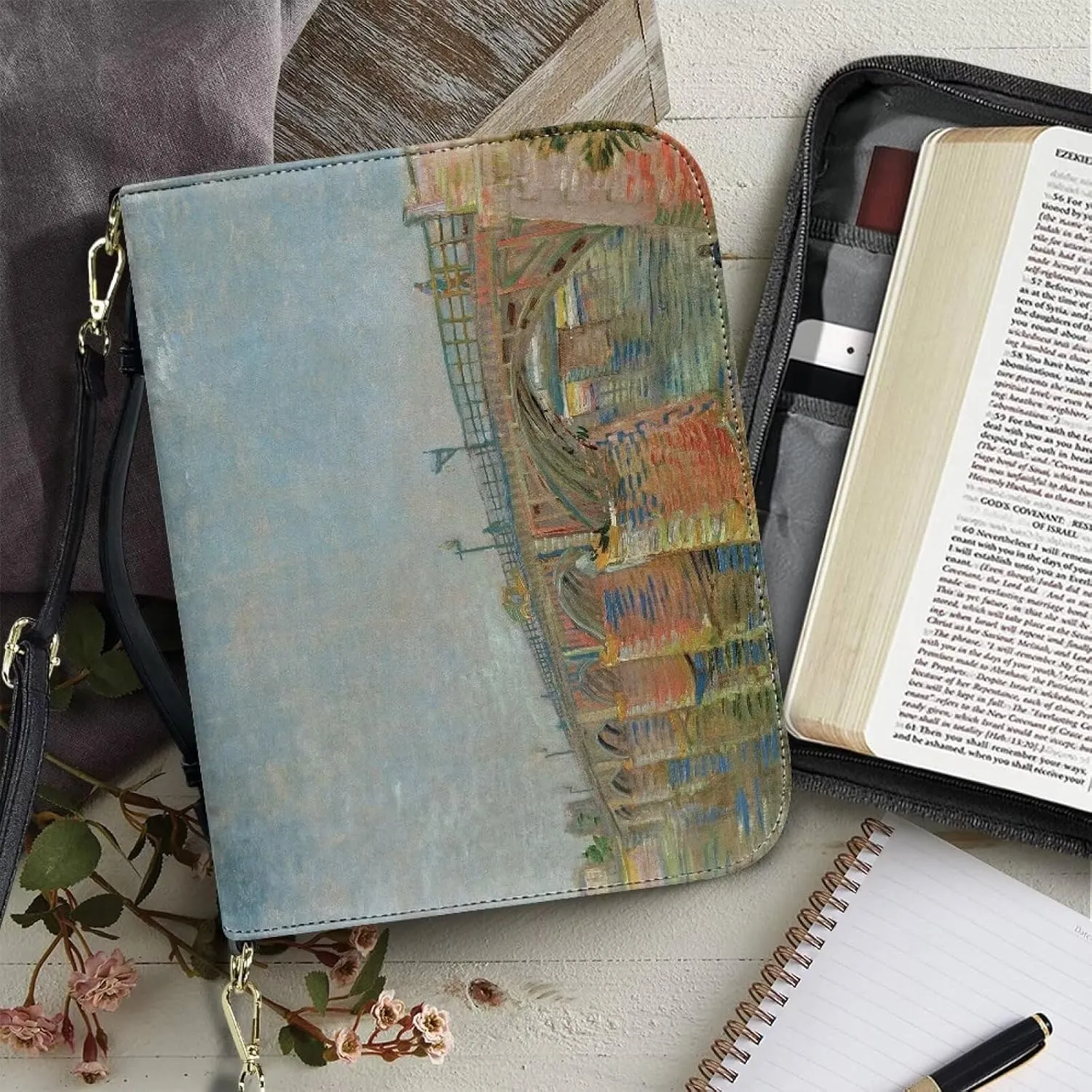 Claude Monet Bible Cover Bible Case for Women PU Bible Bag with Shoulder Strap Monet Oil Painting Design Book Cover