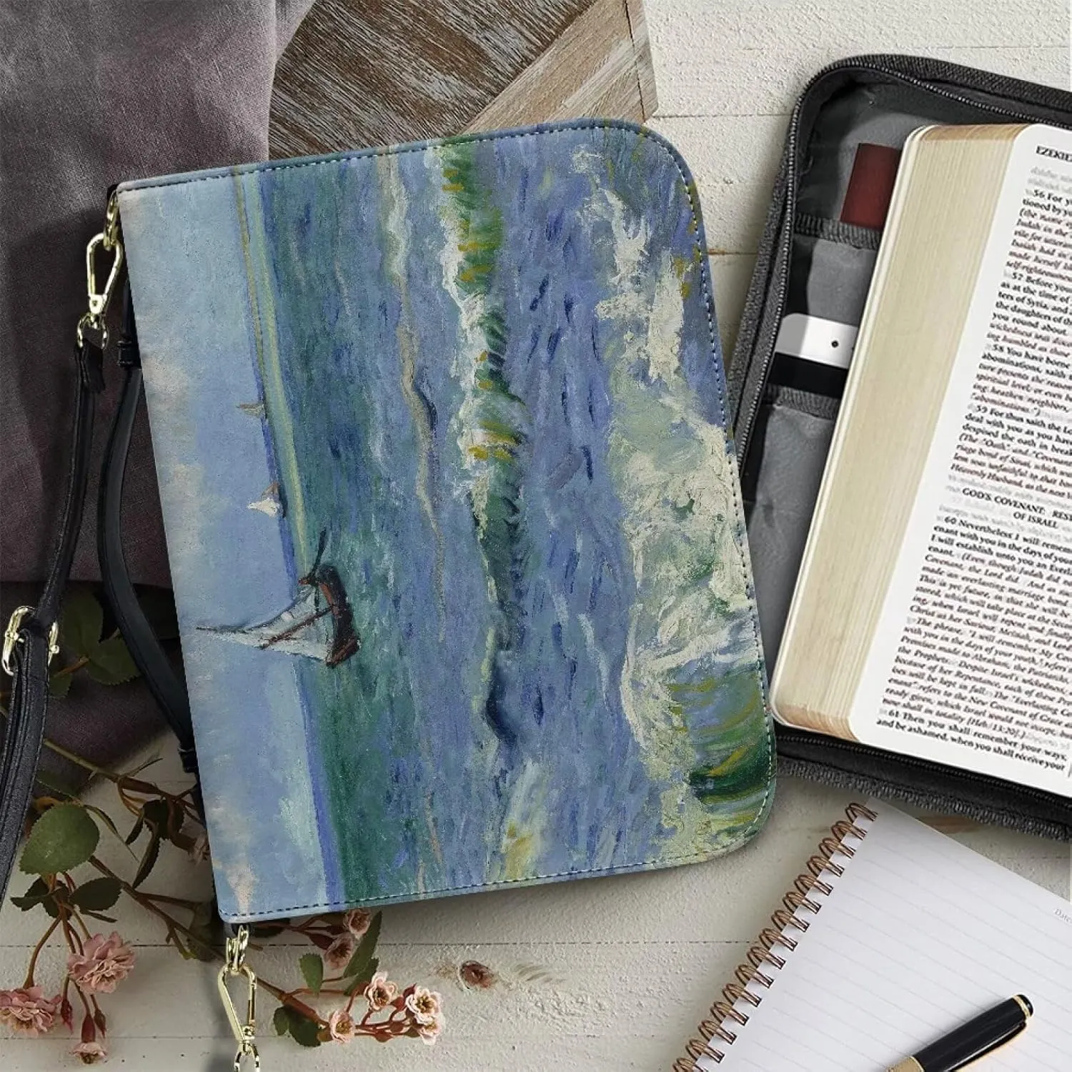 Claude Monet Bible Cover Bible Case for Women PU Bible Bag with Shoulder Strap Monet Oil Painting Design Book Cover