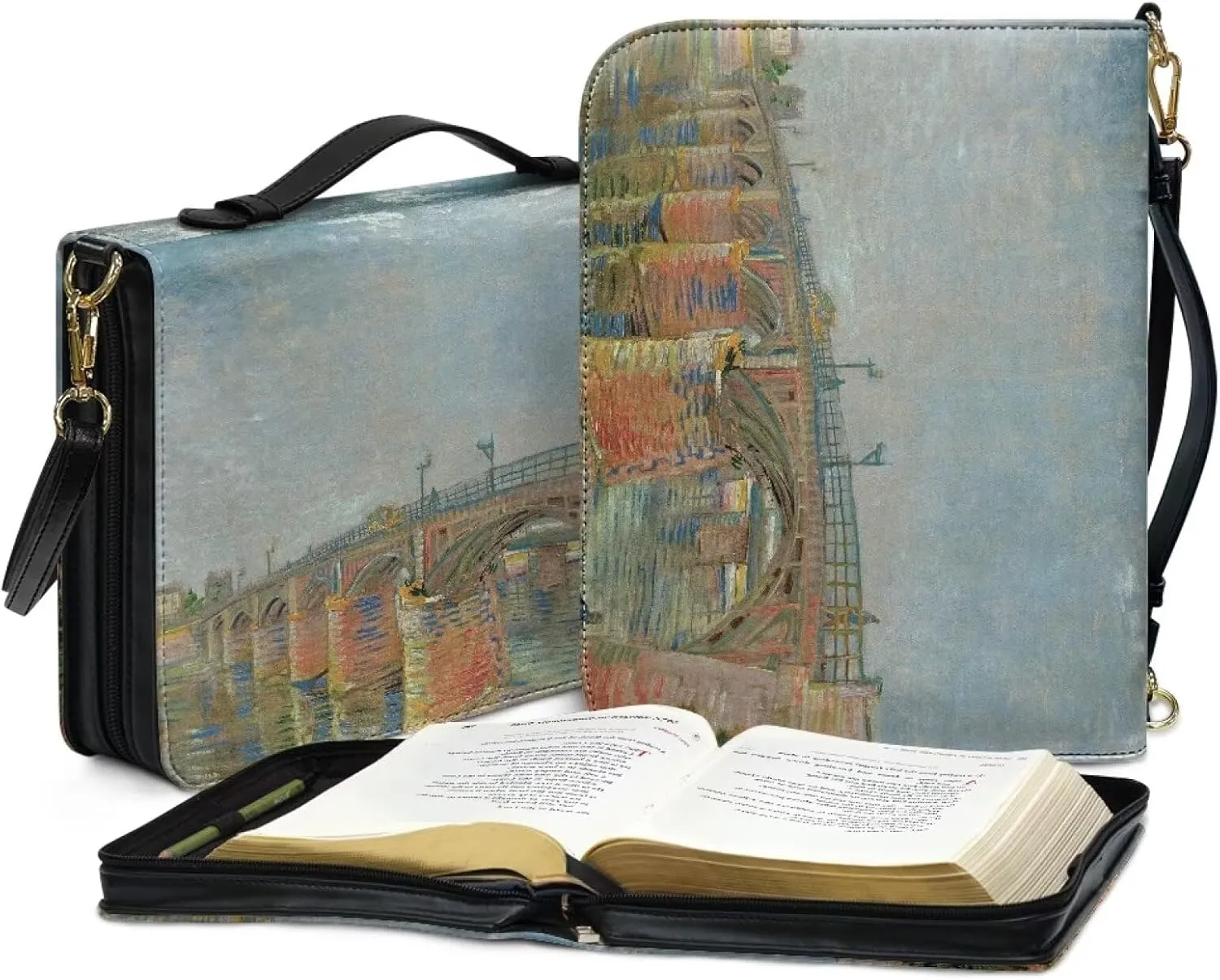 Claude Monet Bible Cover Bible Case for Women PU Bible Bag with Shoulder Strap Monet Oil Painting Design Book Cover