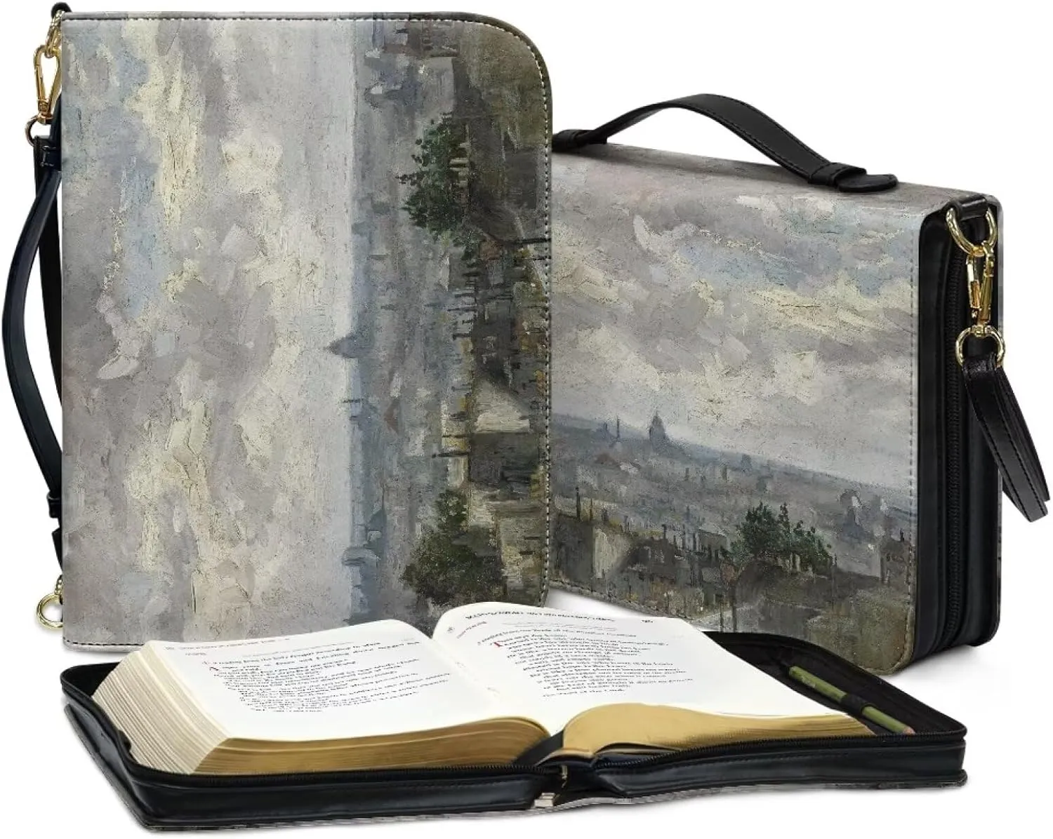 Claude Monet Bible Cover Bible Case for Women PU Bible Bag with Shoulder Strap Monet Oil Painting Design Book Cover