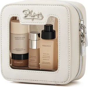 Clear Makeup Bag Cosmetic Case: Small Make up Bags for Purse - TSA approved Toiletry Bag for Women - Waterproof Travel Pouch with Zipper - Cute Makeup Organizer Skincare Bag for Car (Mini, White)