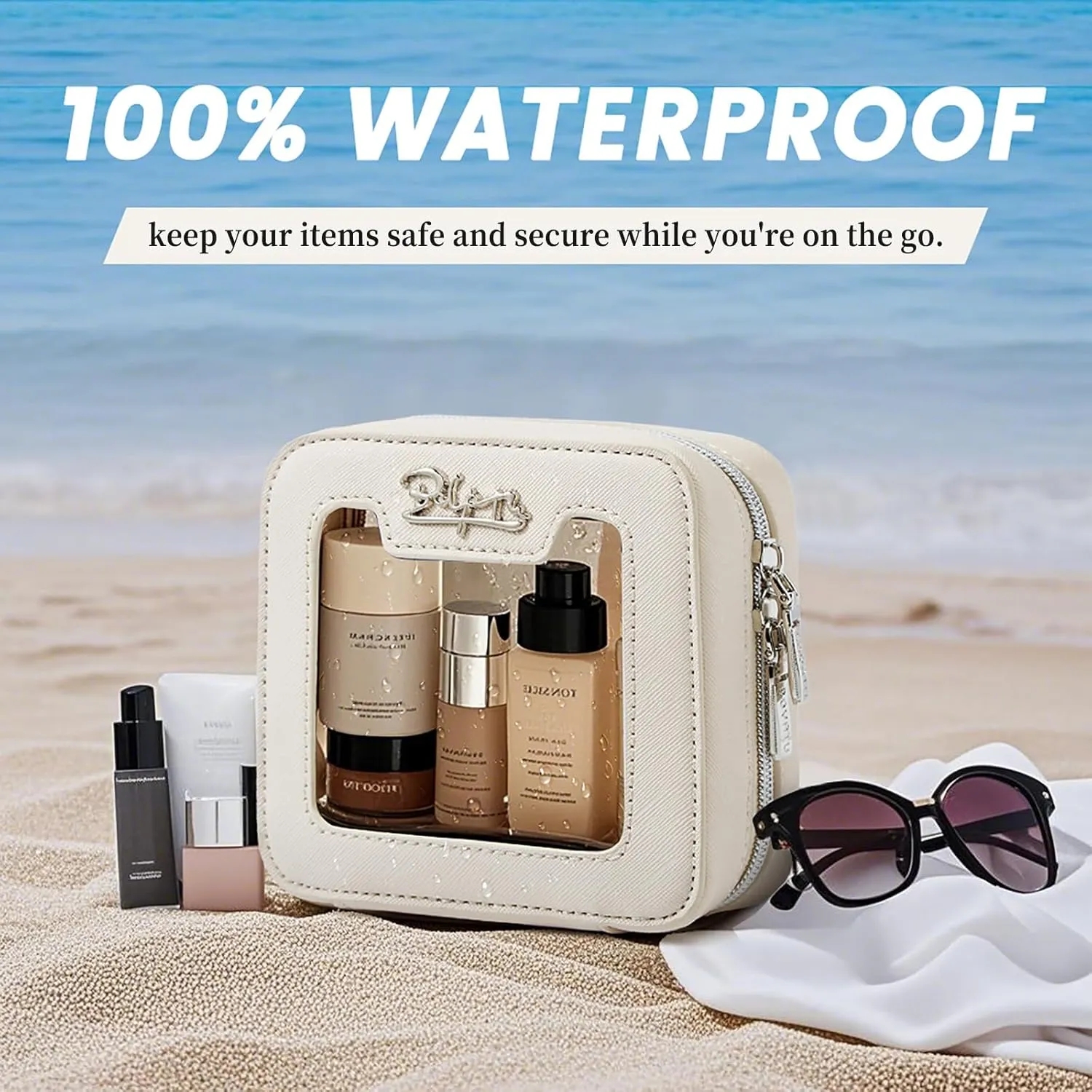 Clear Makeup Bag Cosmetic Case: Small Make up Bags for Purse - TSA approved Toiletry Bag for Women - Waterproof Travel Pouch with Zipper - Cute Makeup Organizer Skincare Bag for Car (Mini, White)