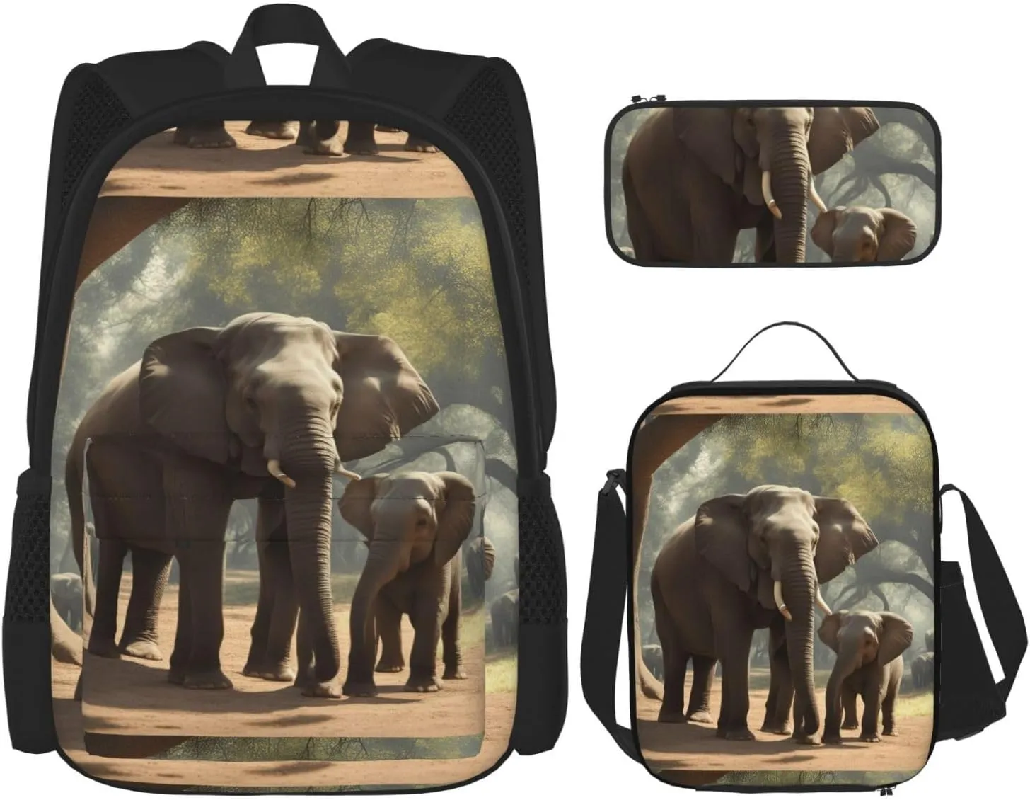 Elephant print 3-Piece Casual Backpack Set (Backpack   Waist Bag   Small Pouch), Unisex Daypack
