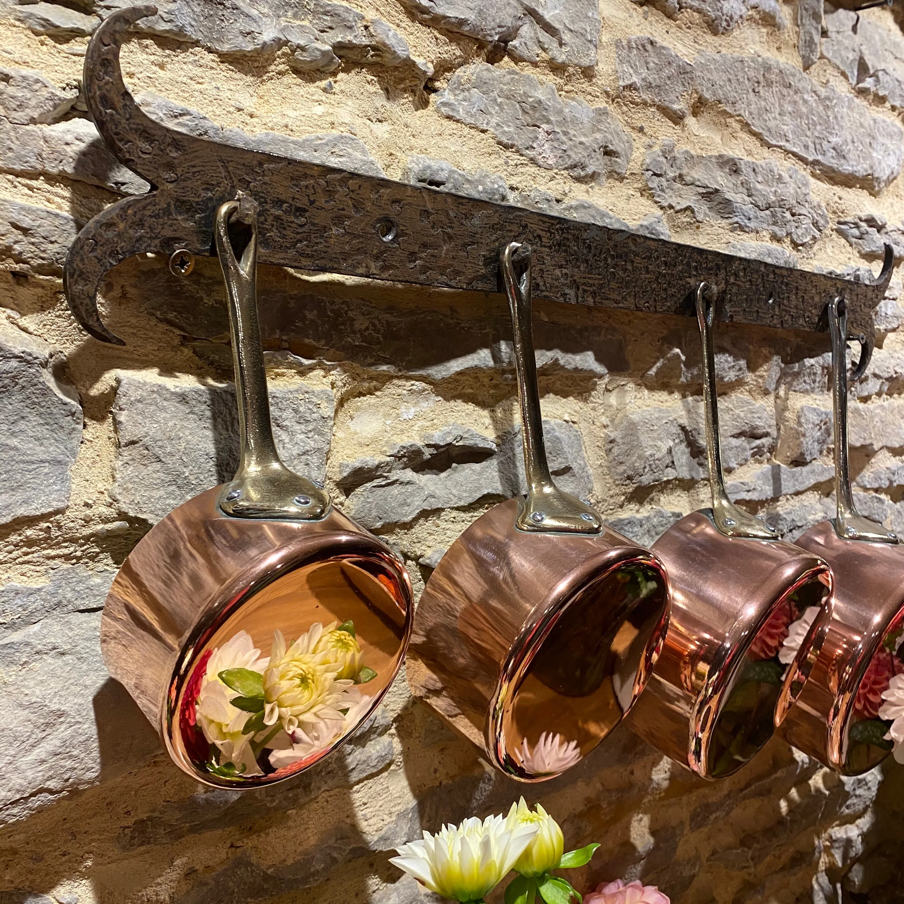 French copper lightweight pans - 4 with brass handles