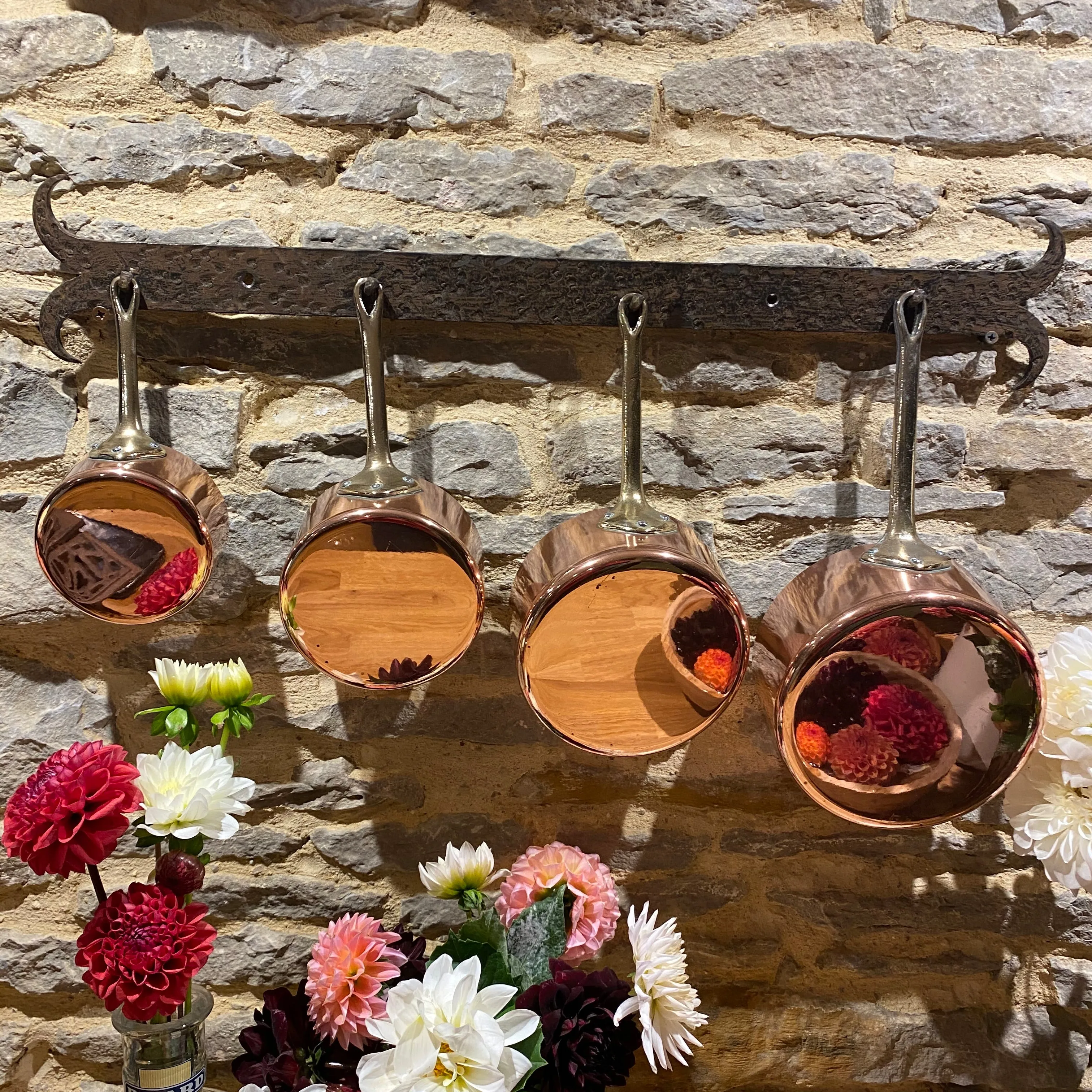 French copper lightweight pans - 4 with brass handles