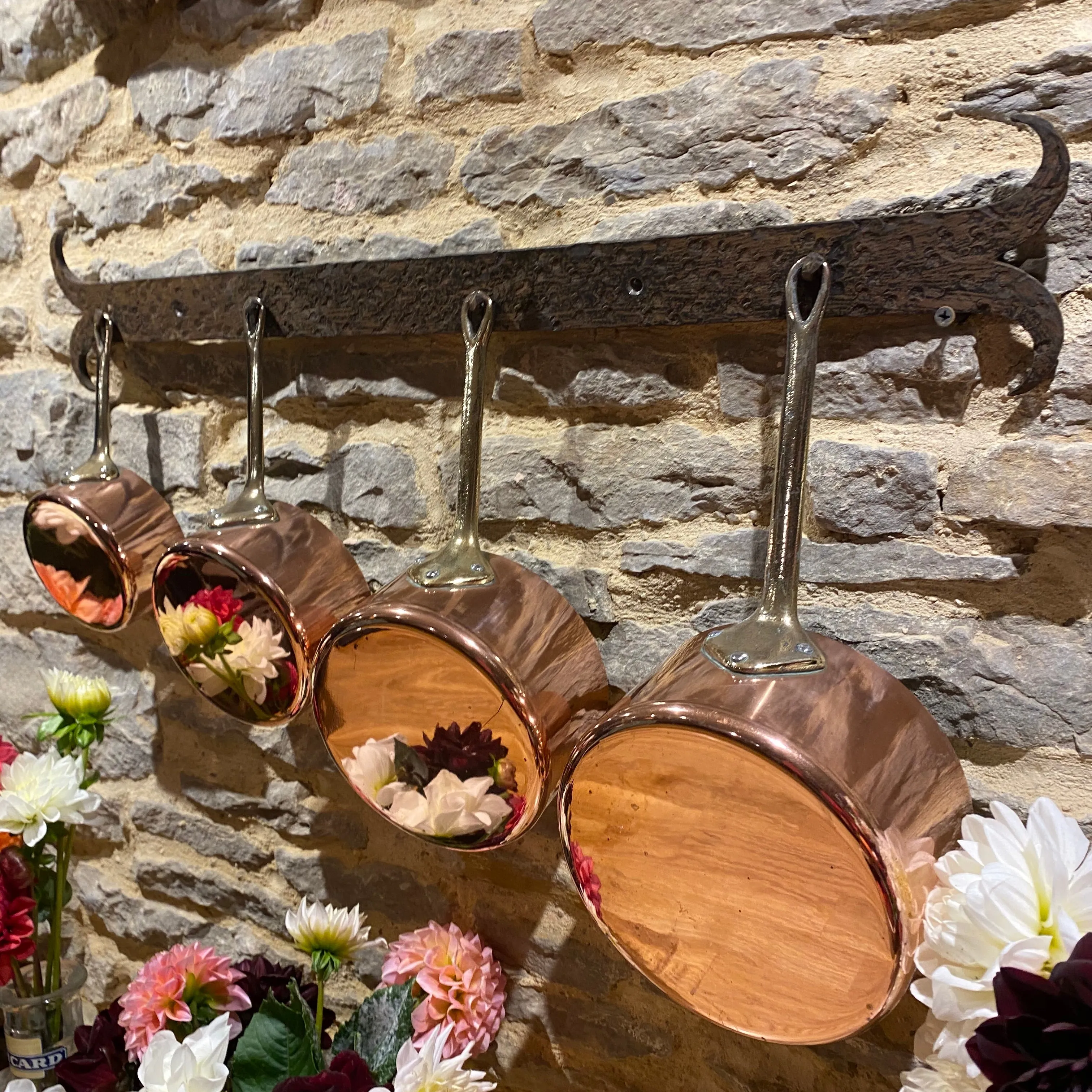 French copper lightweight pans - 4 with brass handles