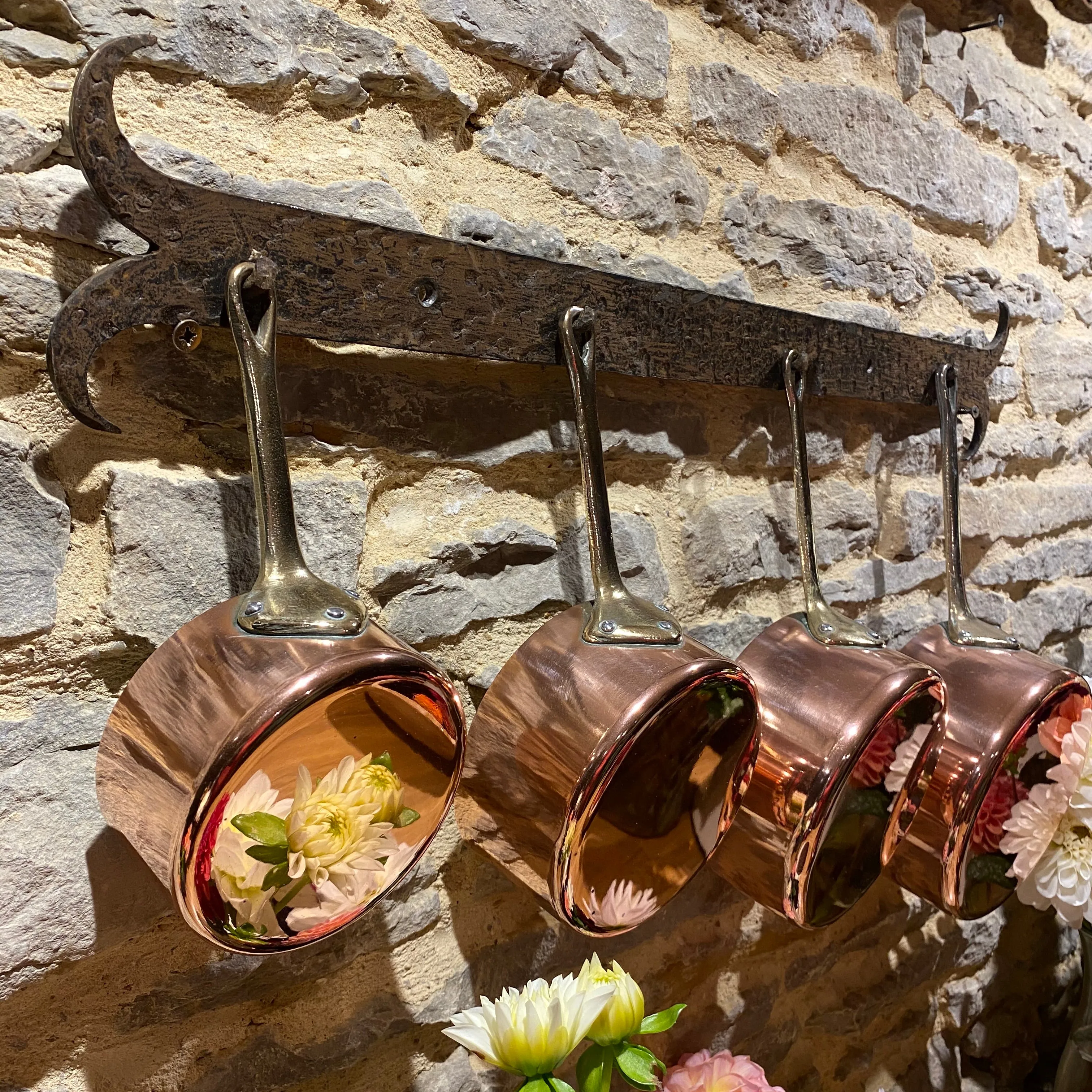 French copper lightweight pans - 4 with brass handles