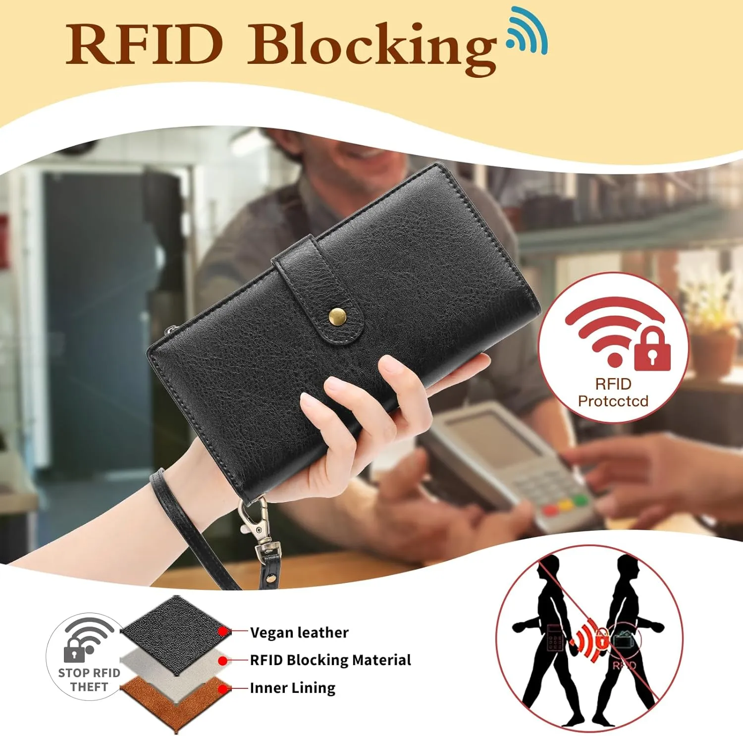 GOIACII Women's Wallet RFID Blocking Ladies Wristlet Clutch Large Capacity Credit Card Holder Leather 4 ID Window Black