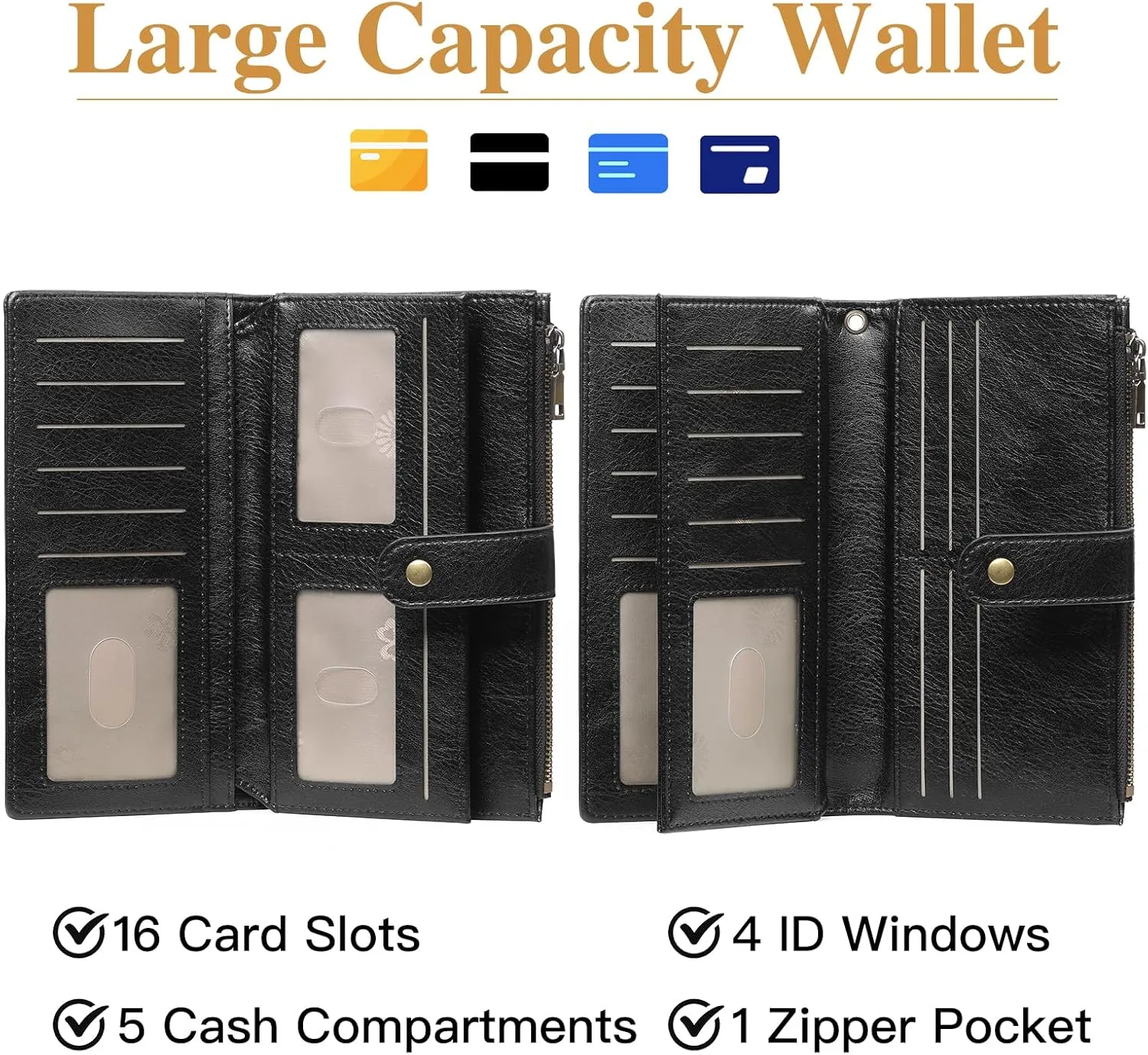 GOIACII Women's Wallet RFID Blocking Ladies Wristlet Clutch Large Capacity Credit Card Holder Leather 4 ID Window Black