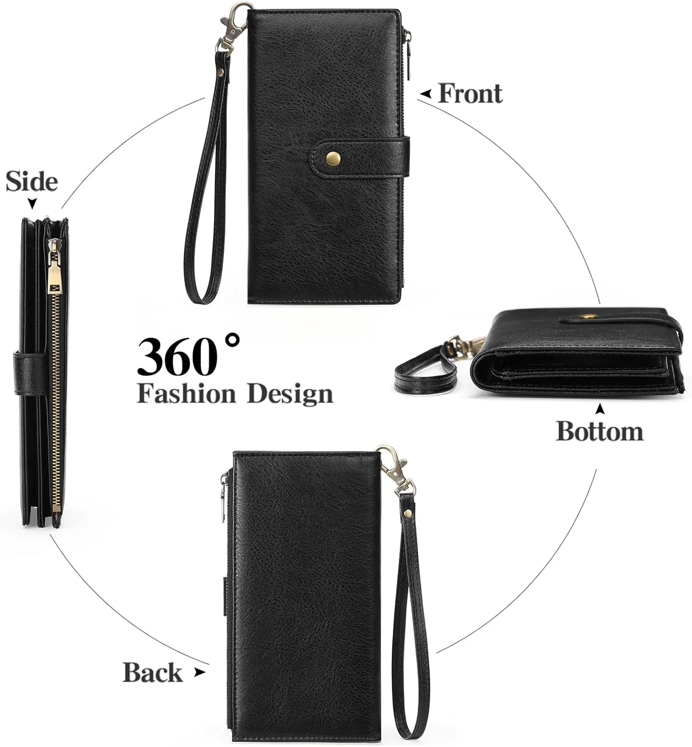 GOIACII Women's Wallet RFID Blocking Ladies Wristlet Clutch Large Capacity Credit Card Holder Leather 4 ID Window Black
