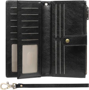 GOIACII Women's Wallet RFID Blocking Ladies Wristlet Clutch Large Capacity Credit Card Holder Leather 4 ID Window Black