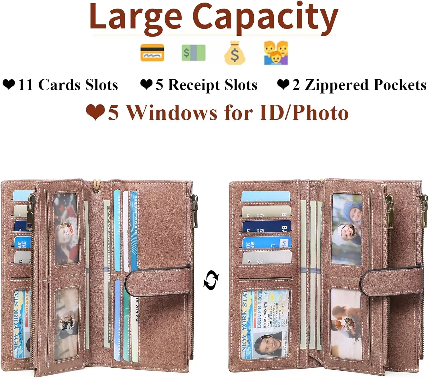 GOIACII Womens Wallets Large Capacity Credit Card Holder Rfid Wallet Women Double Zipper Pocket Leather Bifold Ladies Wristlet Clutch Wallet