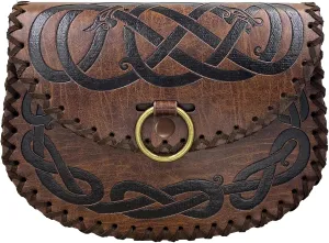 HiiFeuer Viking Embossed Belt Bag, Vintage Medieval Faux Leather Side Pack, Middle Ages Portable Belt Pouch For LARP Ren Faire (Brown A)