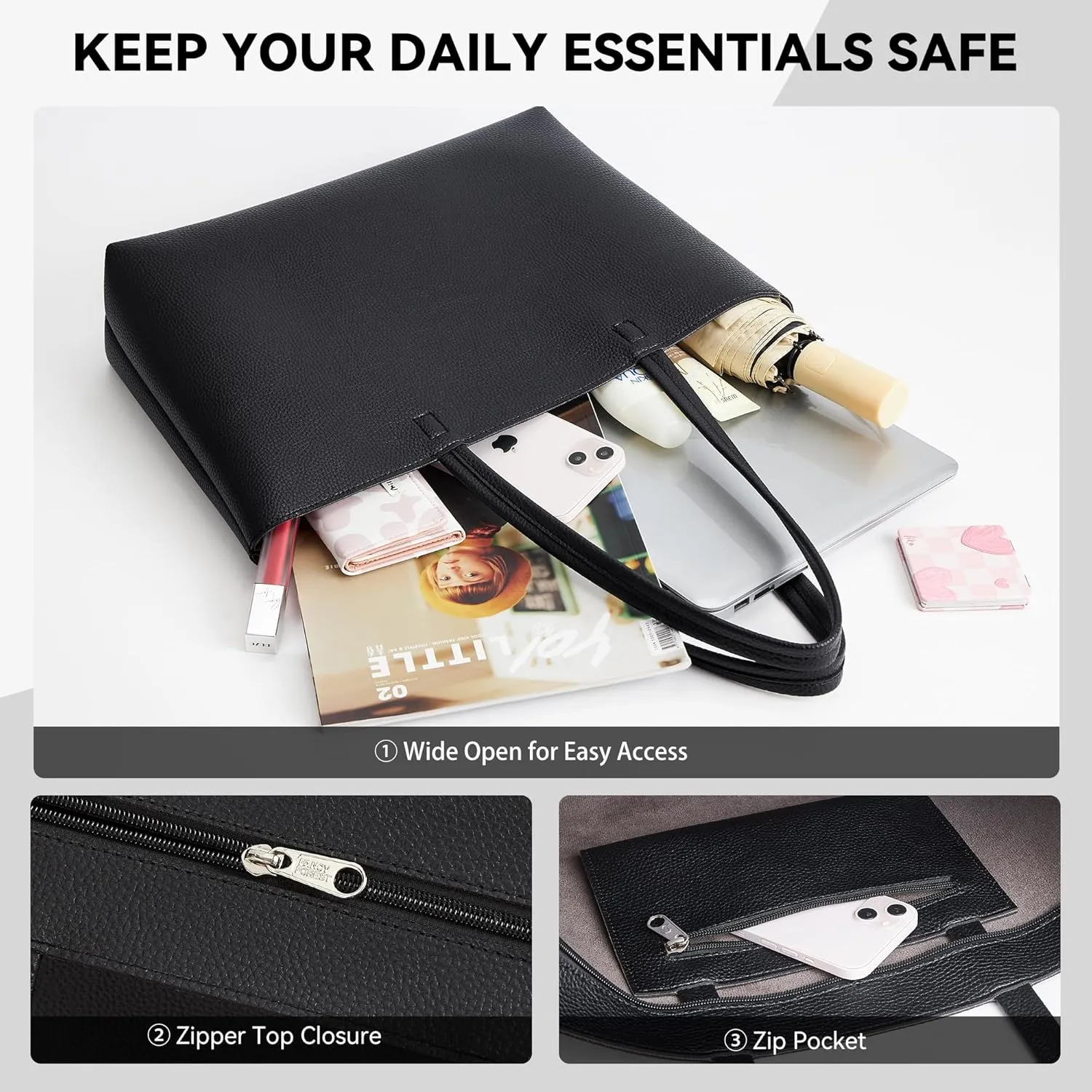 KALIDI Tote Bag Zipper Shoulder Bag Faux Leather Purses Satchel for Women Large Casual Handbag Work Dating College