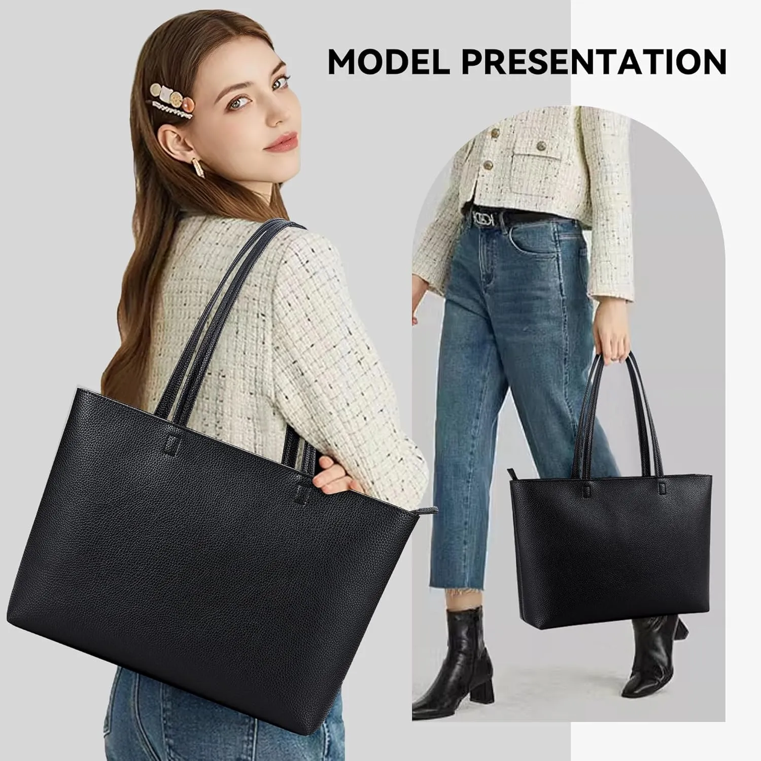 KALIDI Tote Bag Zipper Shoulder Bag Faux Leather Purses Satchel for Women Large Casual Handbag Work Dating College