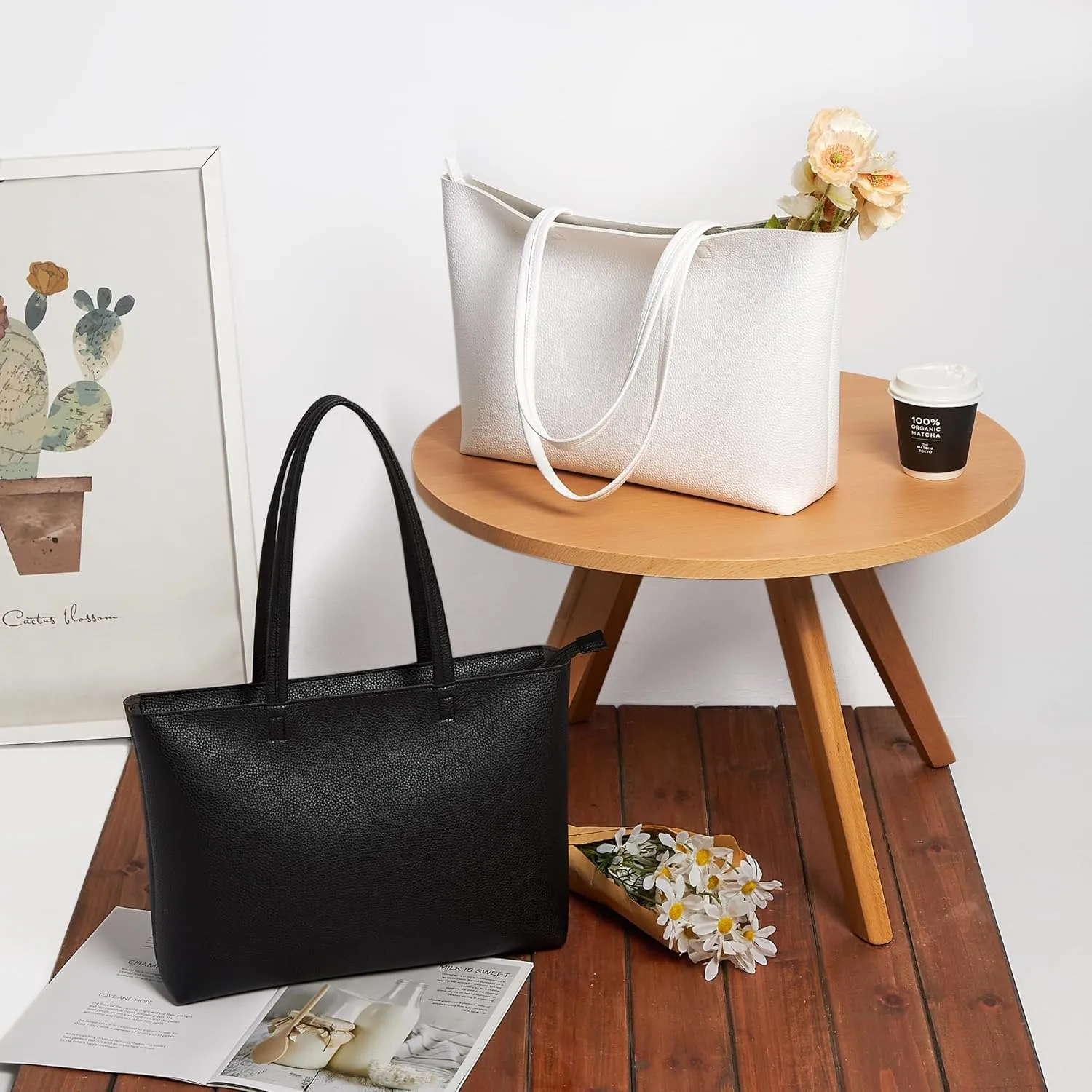 KALIDI Tote Bag Zipper Shoulder Bag Faux Leather Purses Satchel for Women Large Casual Handbag Work Dating College