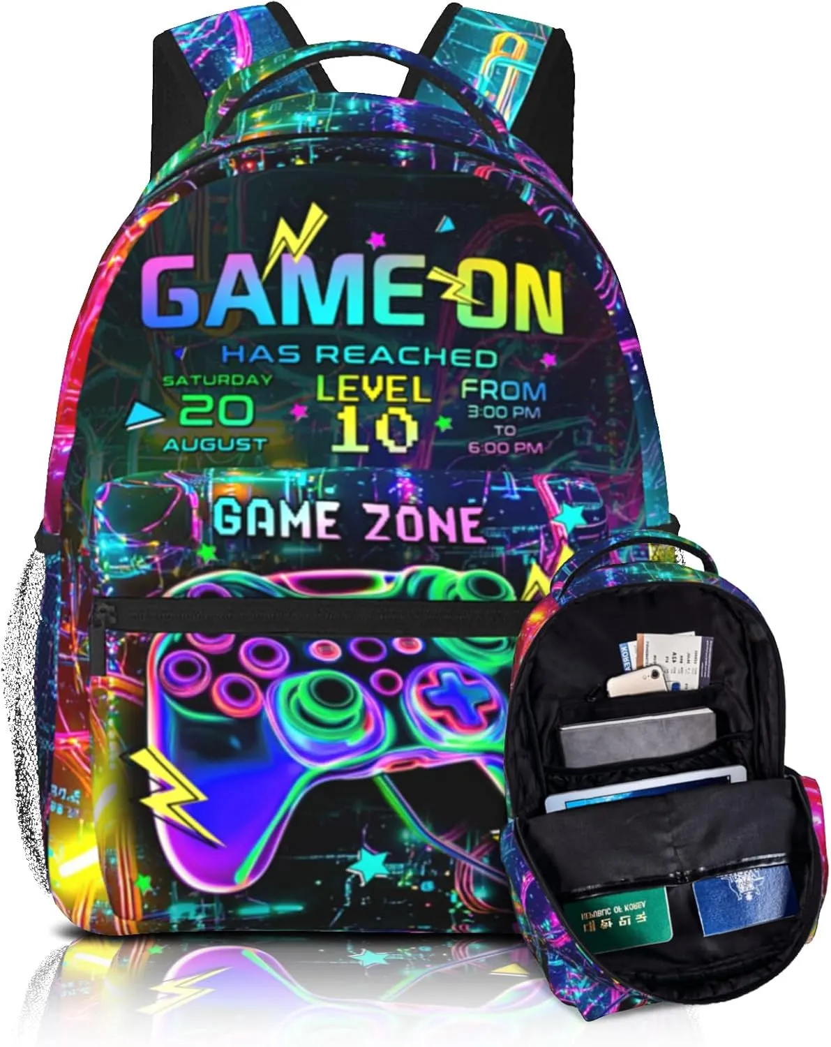 Neon Backpack for Boys, 15.7 Inch Large Capacity Gamings School Bookbag for Kids, Lightweight, Ergonomic Back to School Supplies for Children
