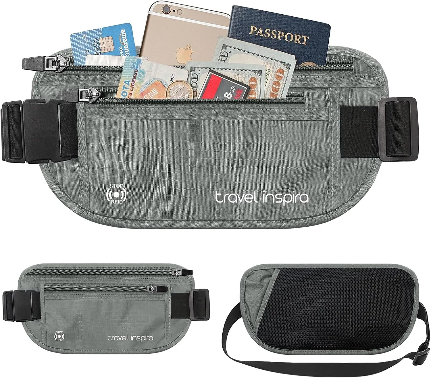 travel inspira Travel Money Belt with Slim Anti-Theft RFID Blocking Passport Holder for Travel Concealed under Clothes for Ultimate Protection of Credit Cards, Cash, Passport & Documents, Grey
