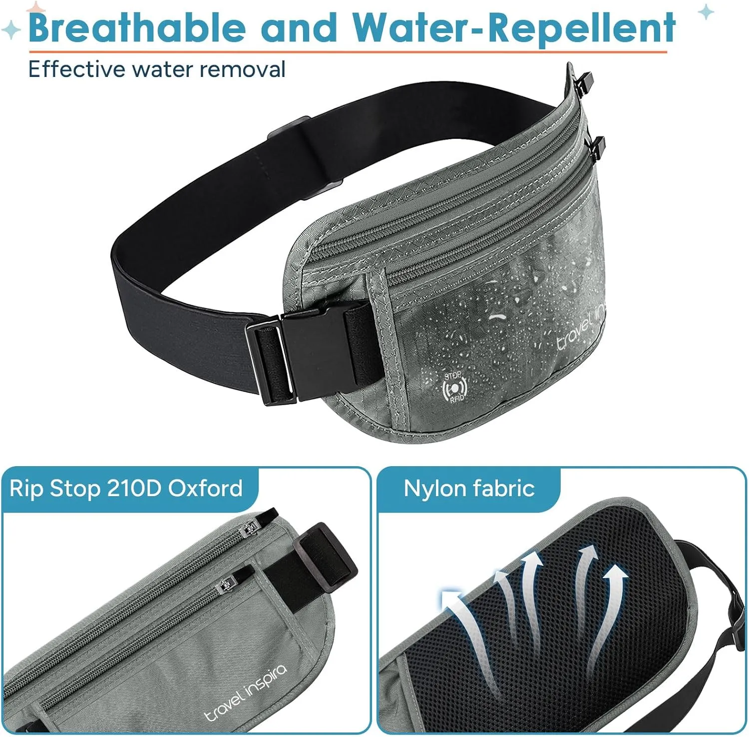 travel inspira Travel Money Belt with Slim Anti-Theft RFID Blocking Passport Holder for Travel Concealed under Clothes for Ultimate Protection of Credit Cards, Cash, Passport & Documents, Grey