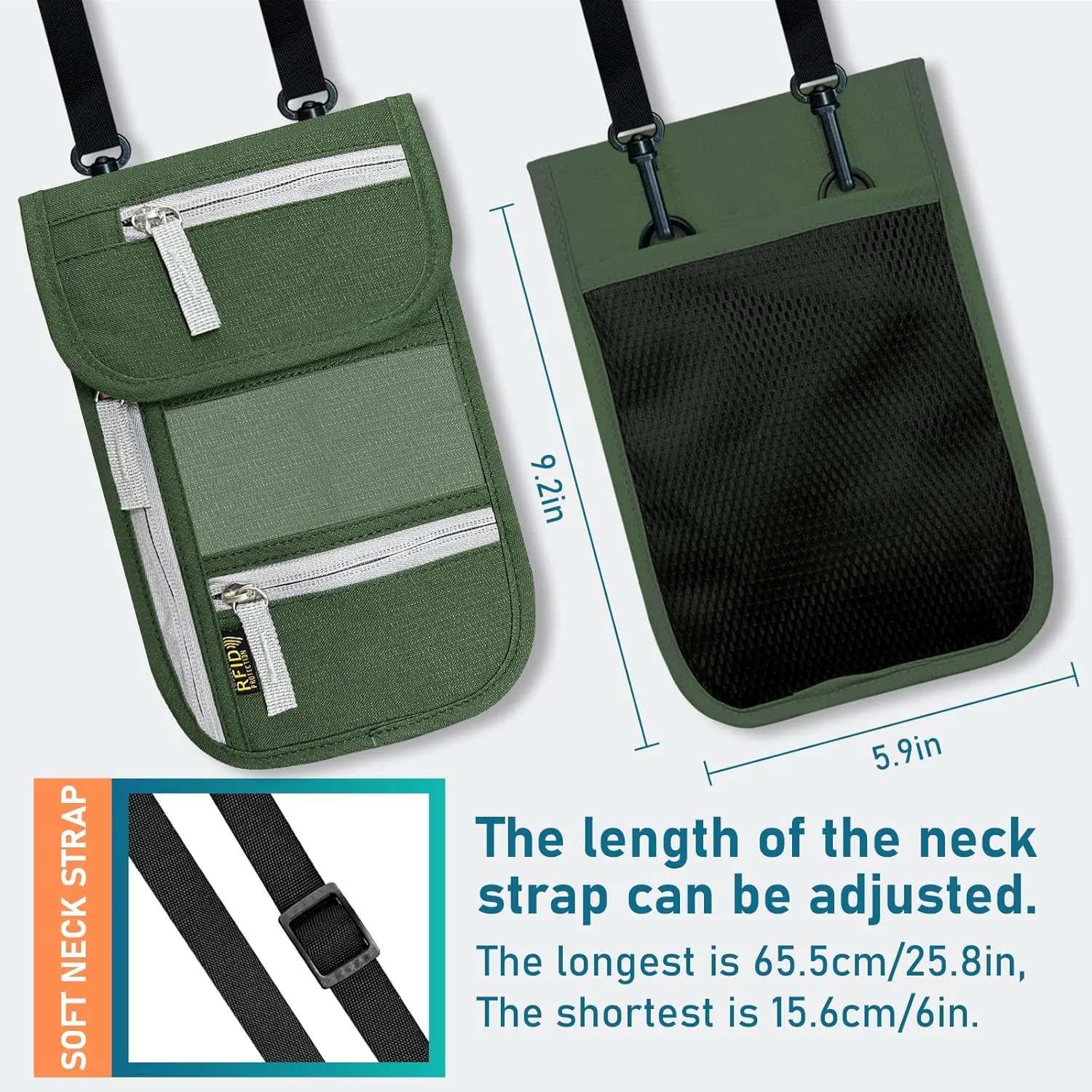Travel Neck Wallet, RFID Blocking Passport Holder with Adjustable Neck Strap for Men and Women to Keep Cash, Credit Cards and Travel Documents Safe - B